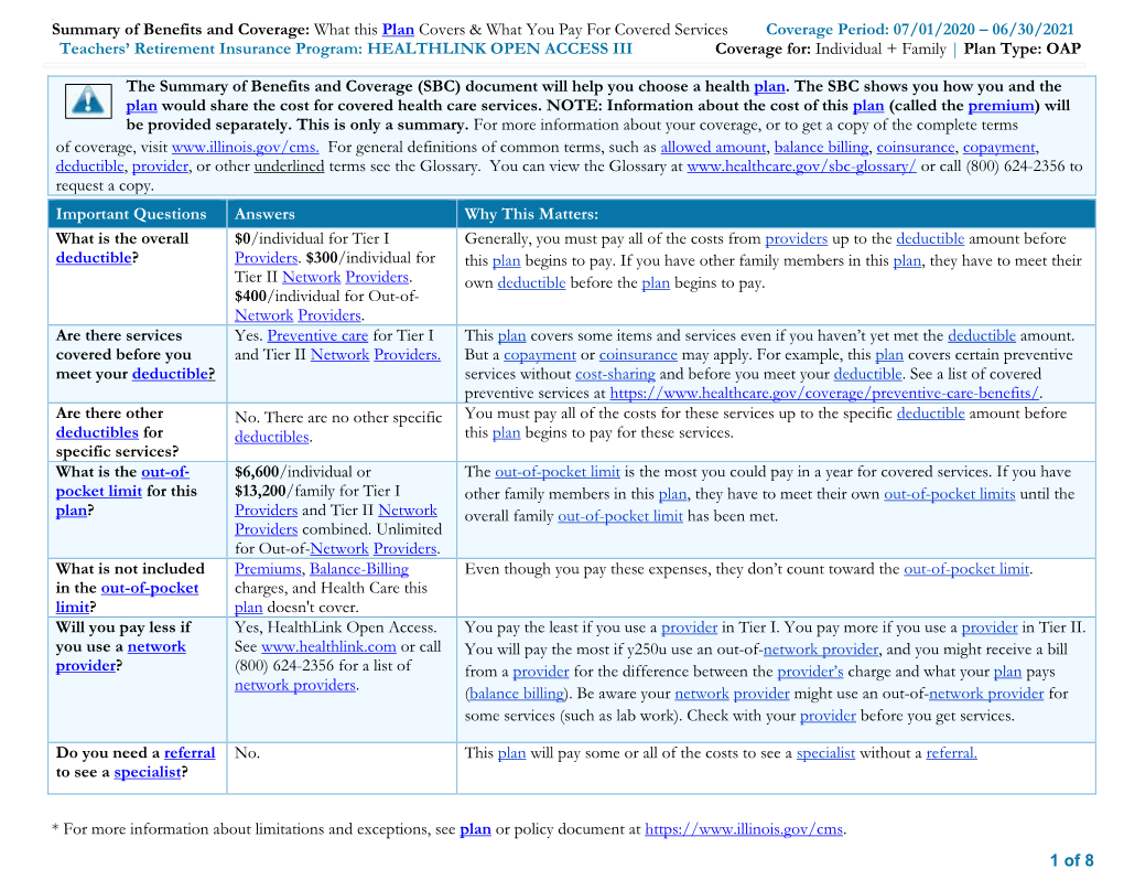 HEALTHLINK OPEN ACCESS III Coverage For: Individual + Family | Plan Type: OAP