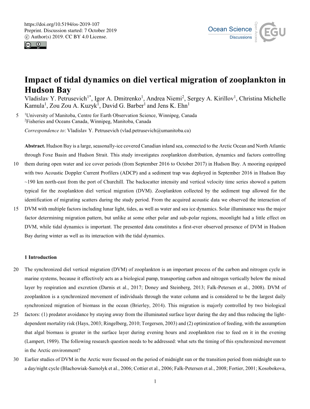 Impact of Tidal Dynamics on Diel Vertical Migration of Zooplankton in Hudson Bay Vladislav Y