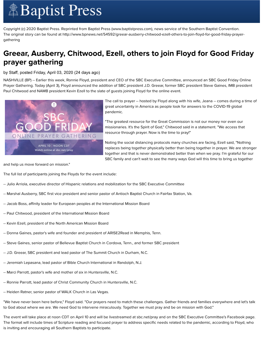 Greear, Ausberry, Chitwood, Ezell, Others to Join Floyd for Good Friday