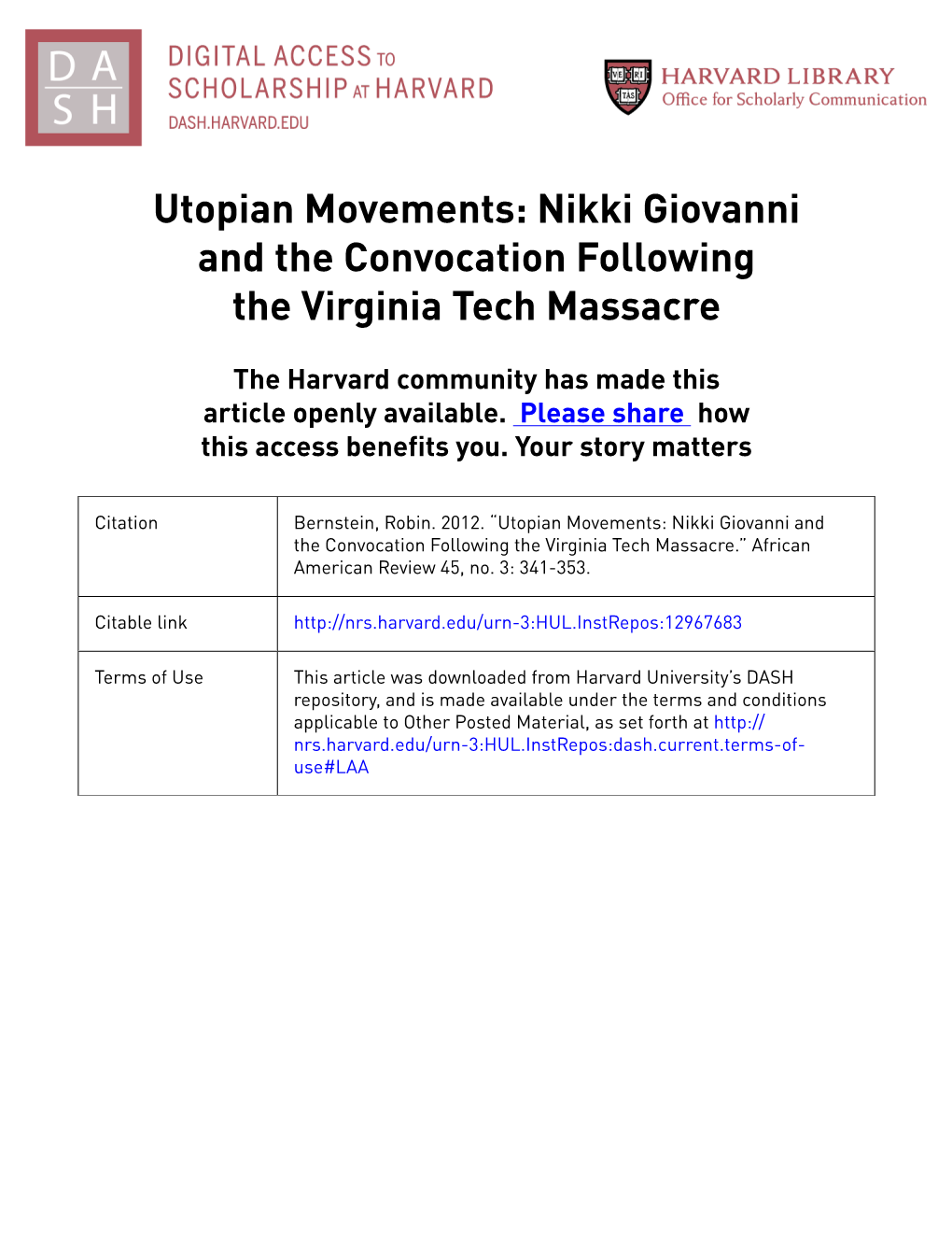 Utopian Movements: Nikki Giovanni and the Convocation Following the Virginia Tech Massacre