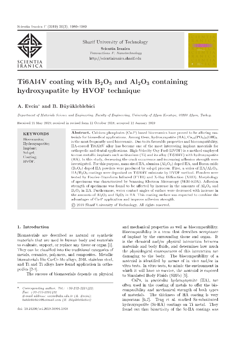 Ti6al4v Coating with B2O3 and Al2o3 Containing Hydroxyapatite by HVOF Technique