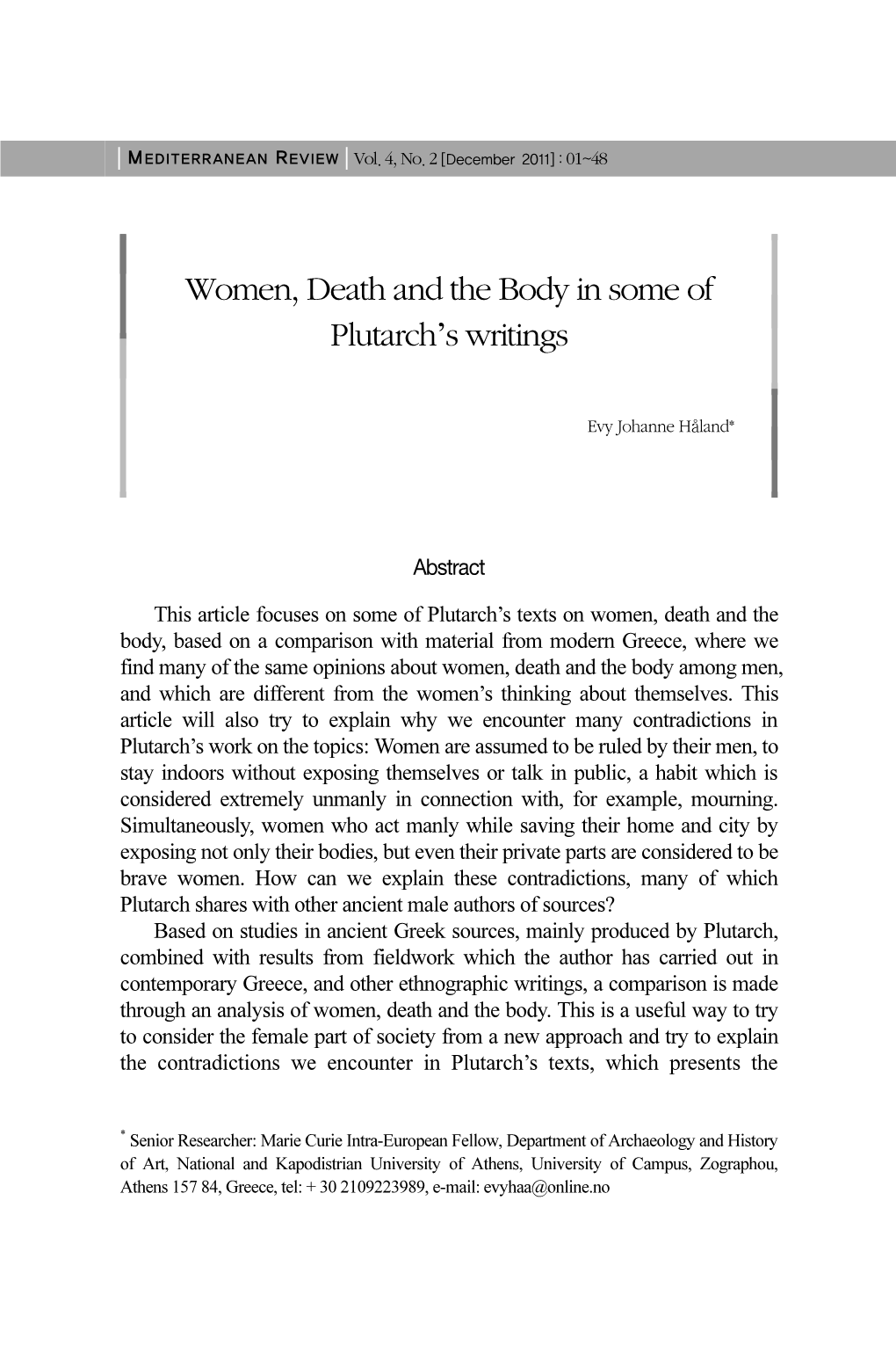 Women, Death and the Body in Some of Plutarch's Writings