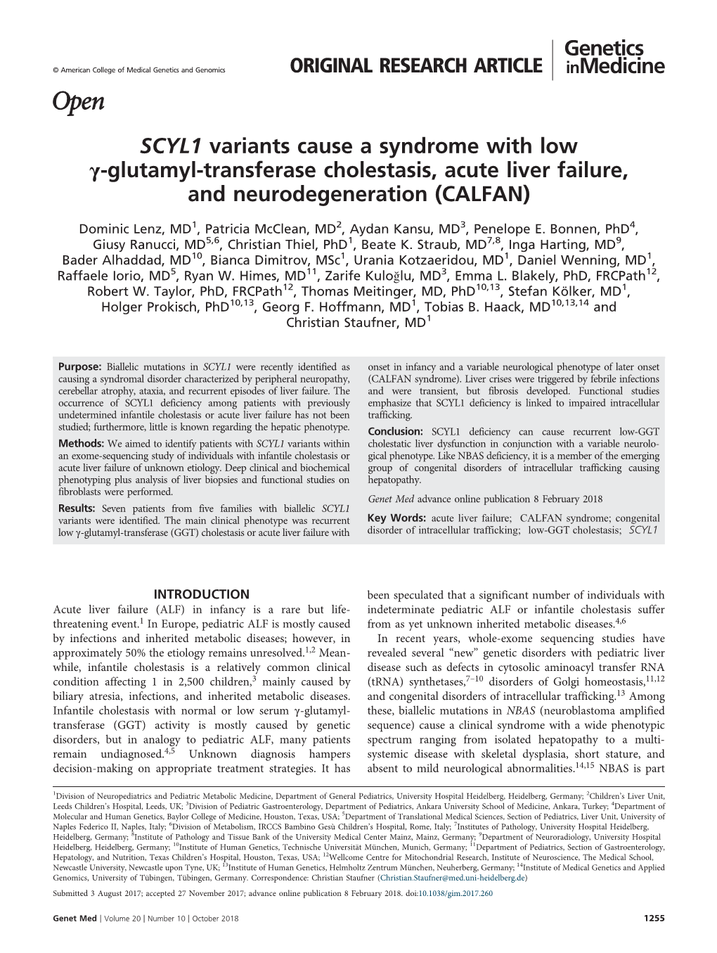 SCYL1 Variants Cause a Syndrome with Low Γ-Glutamyl-Transferase Cholestasis, Acute Liver Failure, and Neurodegeneration (CALFAN)