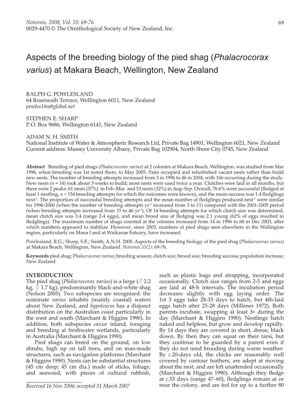 Aspects of the Breeding Biology of the Pied Shag (Phalacrocorax Varius) at Makara Beach, Wellington, New Zealand