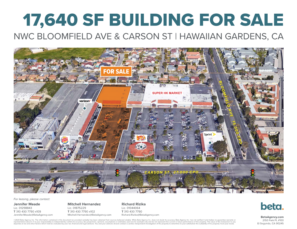 ±17,640 Sf Building for Sale Nwc Bloomfield Ave & Carson St | Hawaiian Gardens, Ca