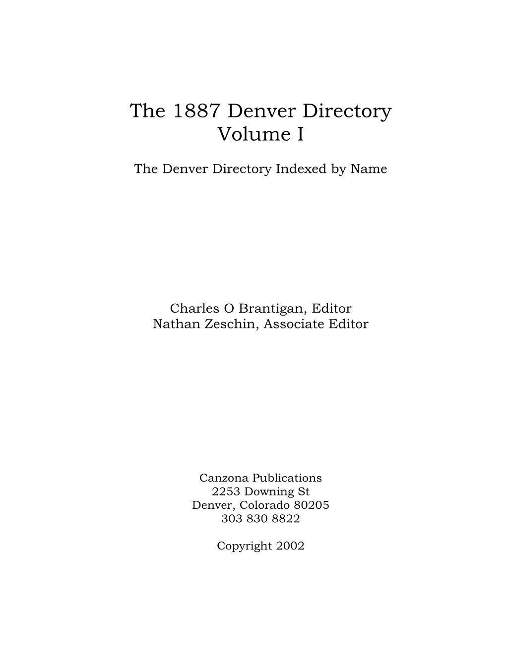 1887 Denver Directory Volume I