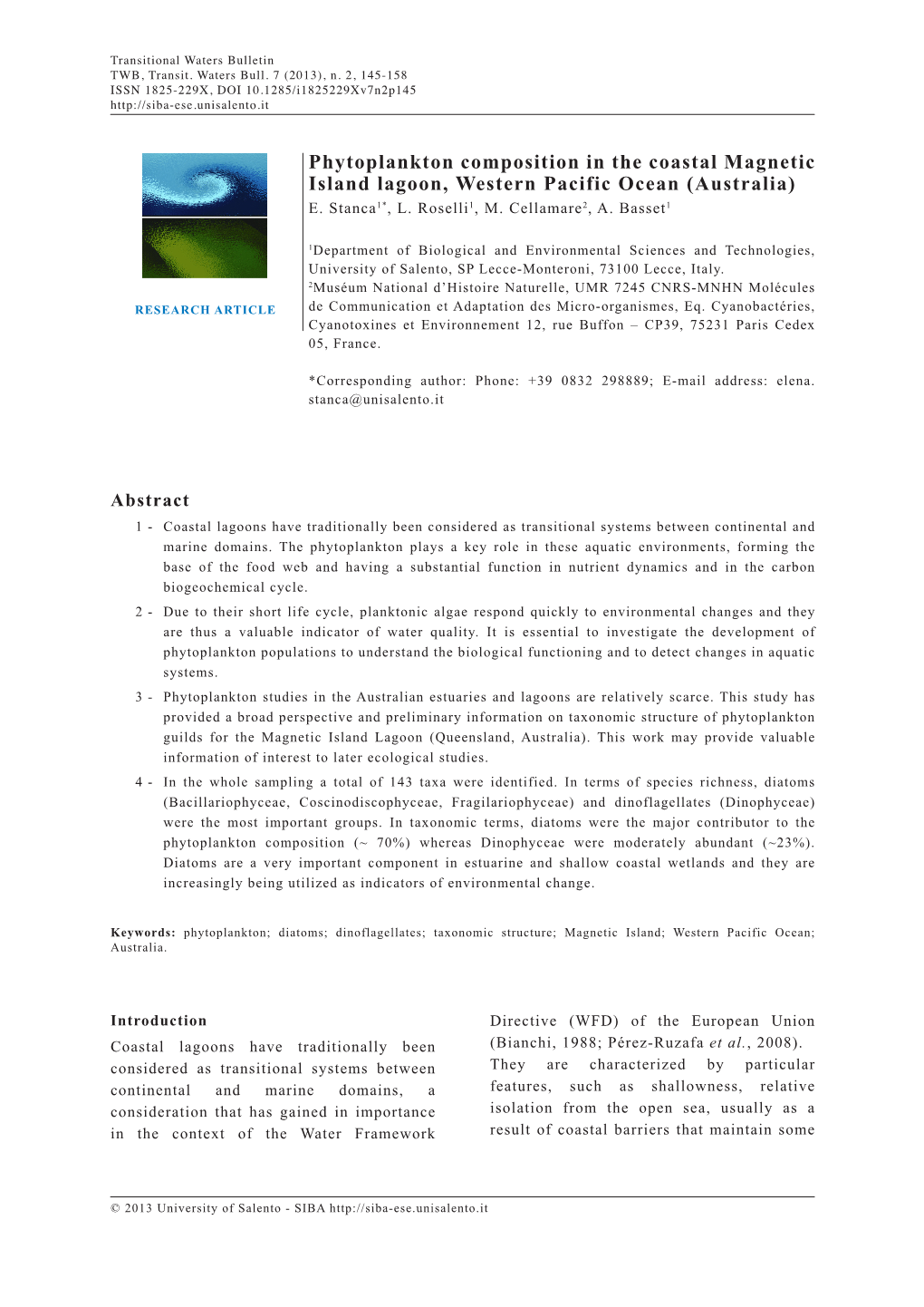 Phytoplankton Composition in the Coastal Magnetic Island Lagoon, Western Pacific Ocean (Australia) E