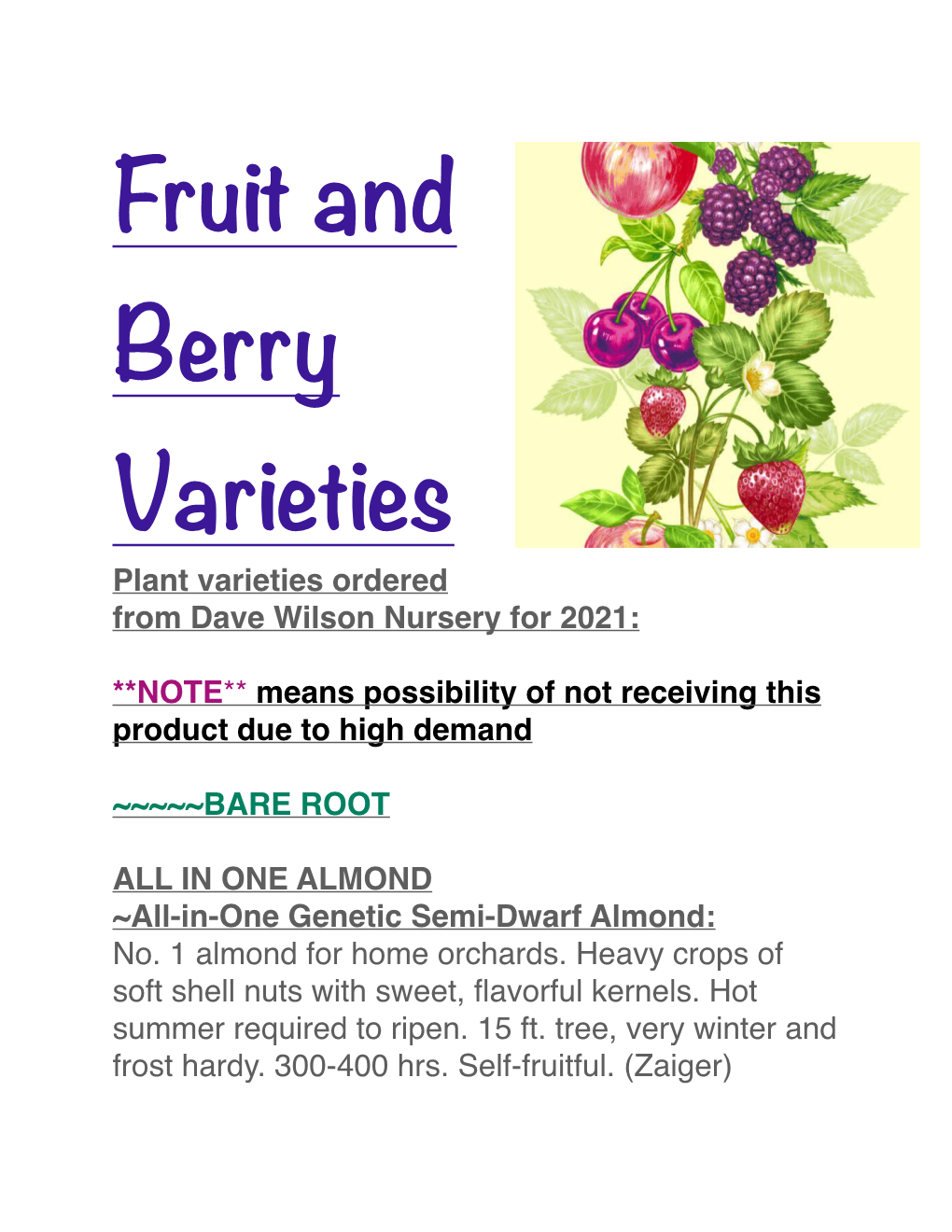 Fruit and Berry Varieties Plant Varieties Ordered from Dave Wilson Nursery for 2021