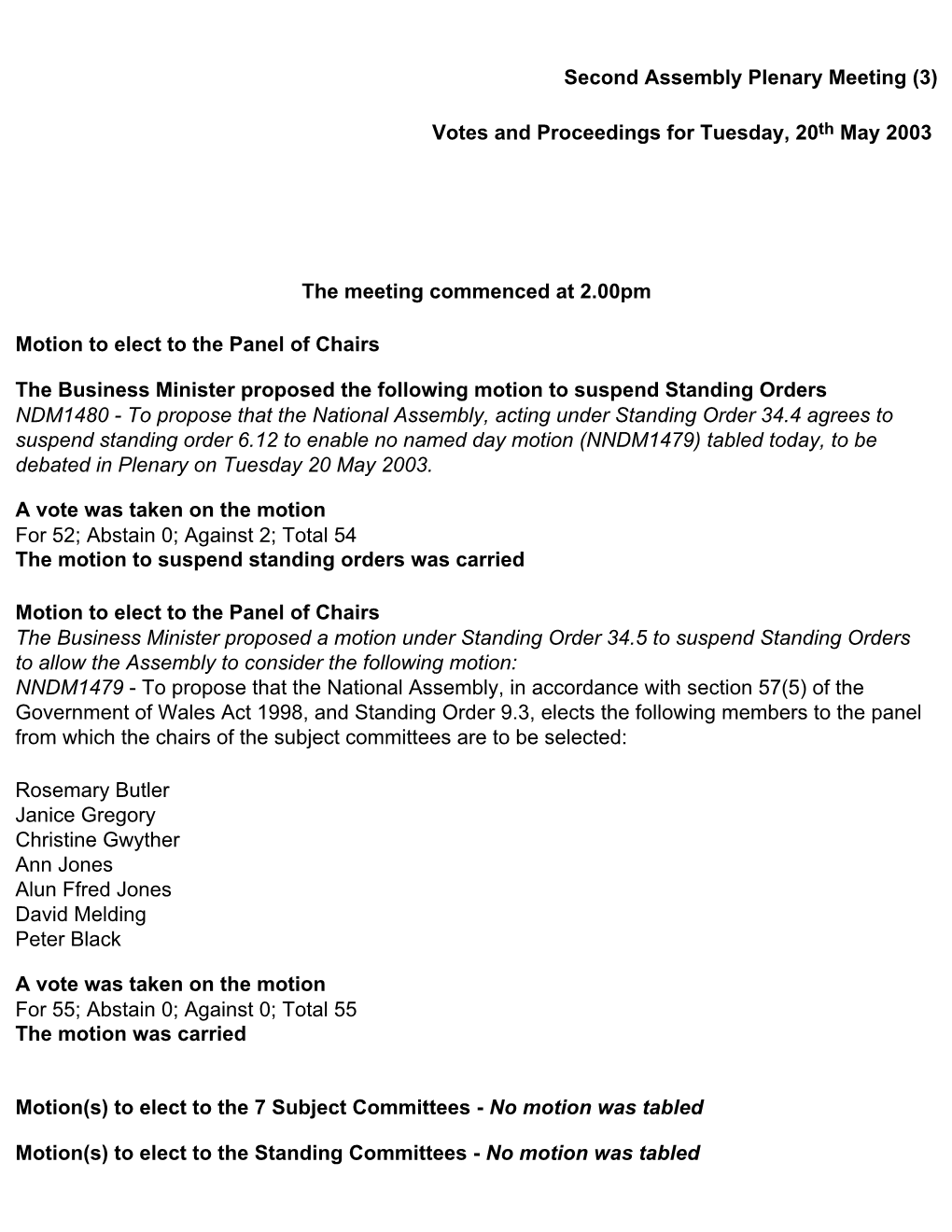 Second Assembly Plenary Meeting (3) Votes and Proceedings For