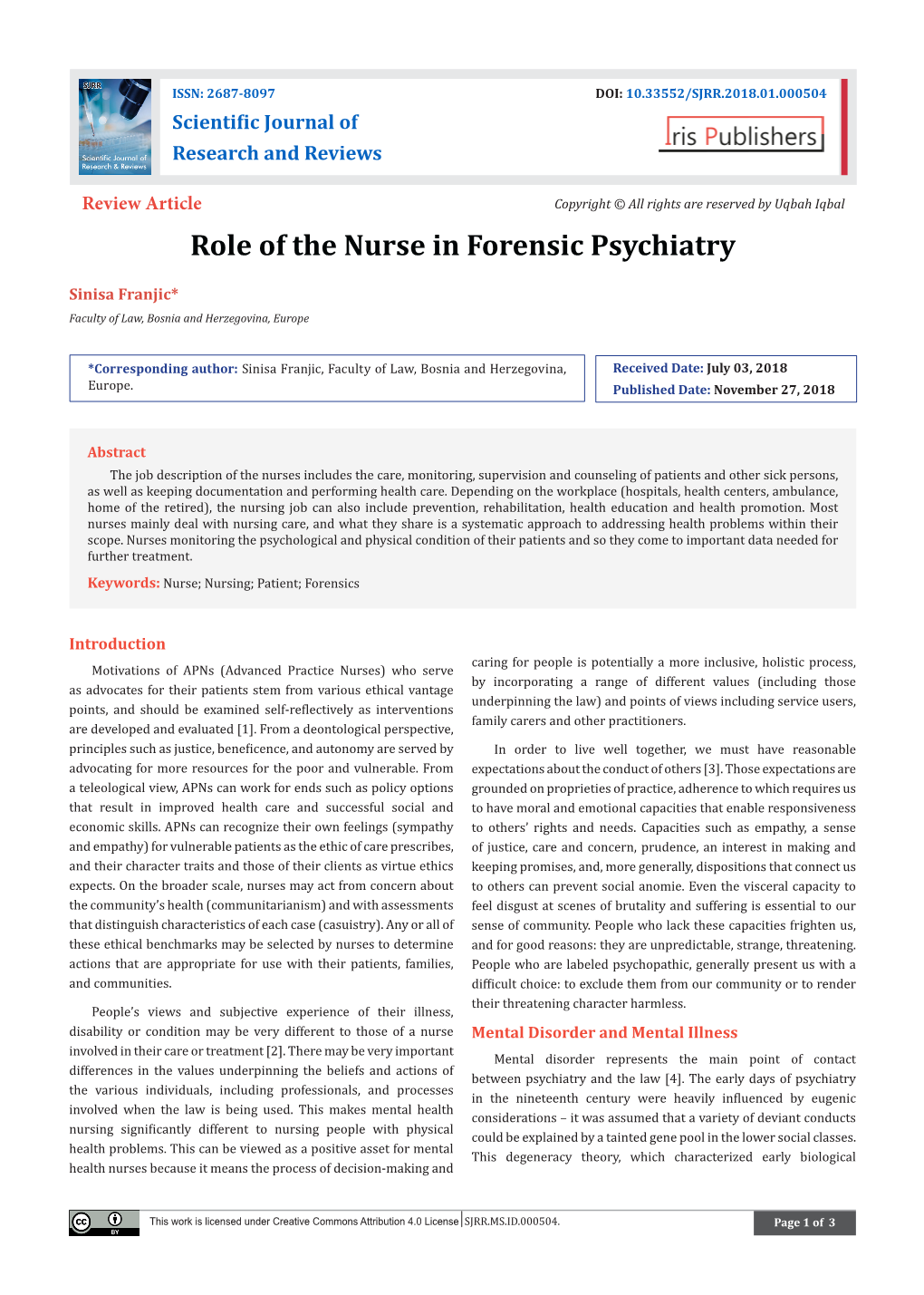 Role of the Nurse in Forensic Psychiatry