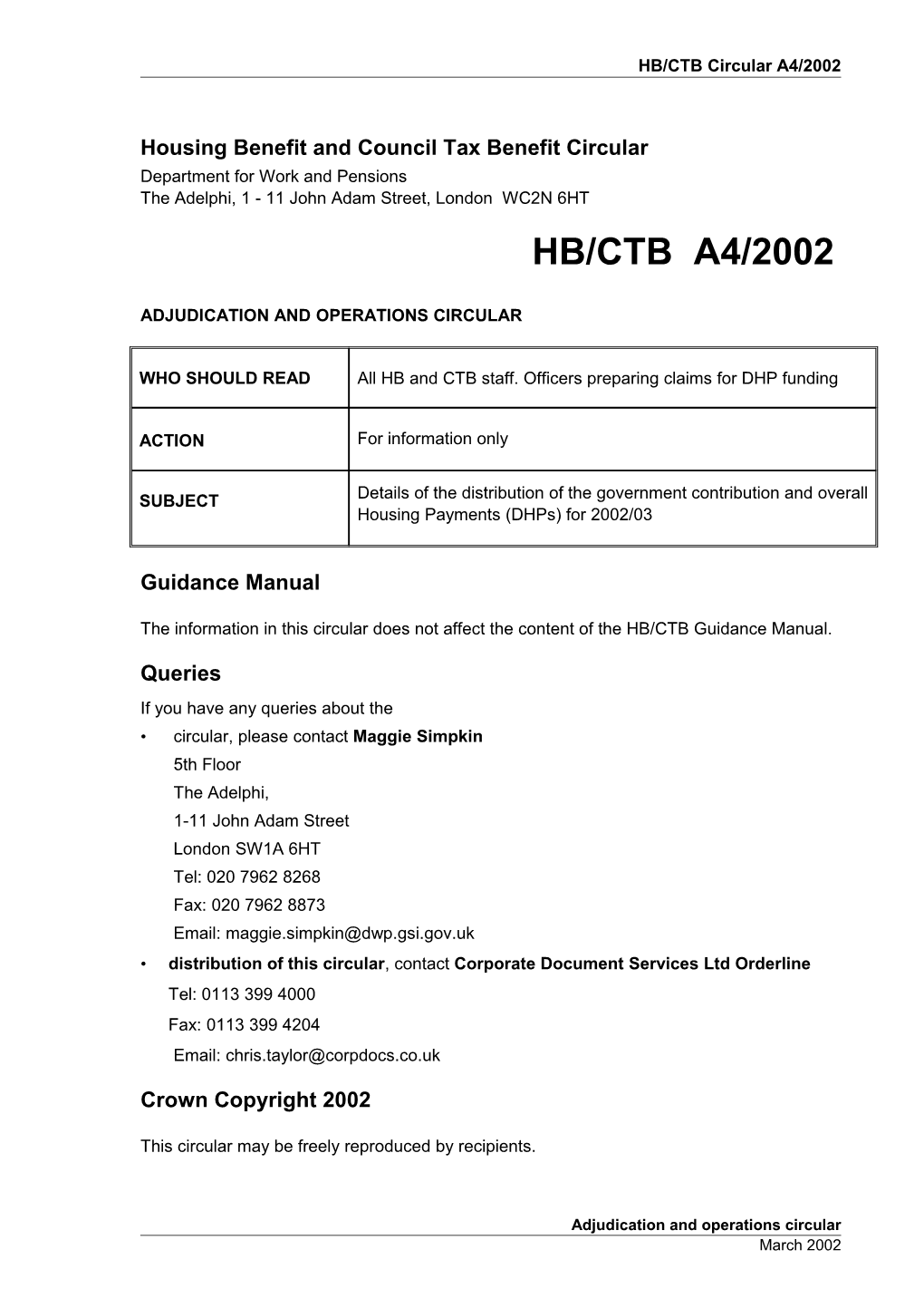 Housing Benefit and Council Tax Benefit Circular s6