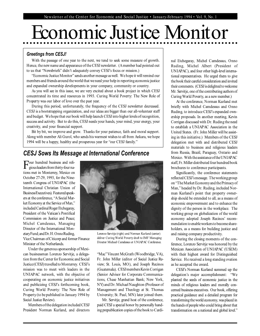 Economic Justice Monitor, January-February 1994, Vol. 9, No. 1