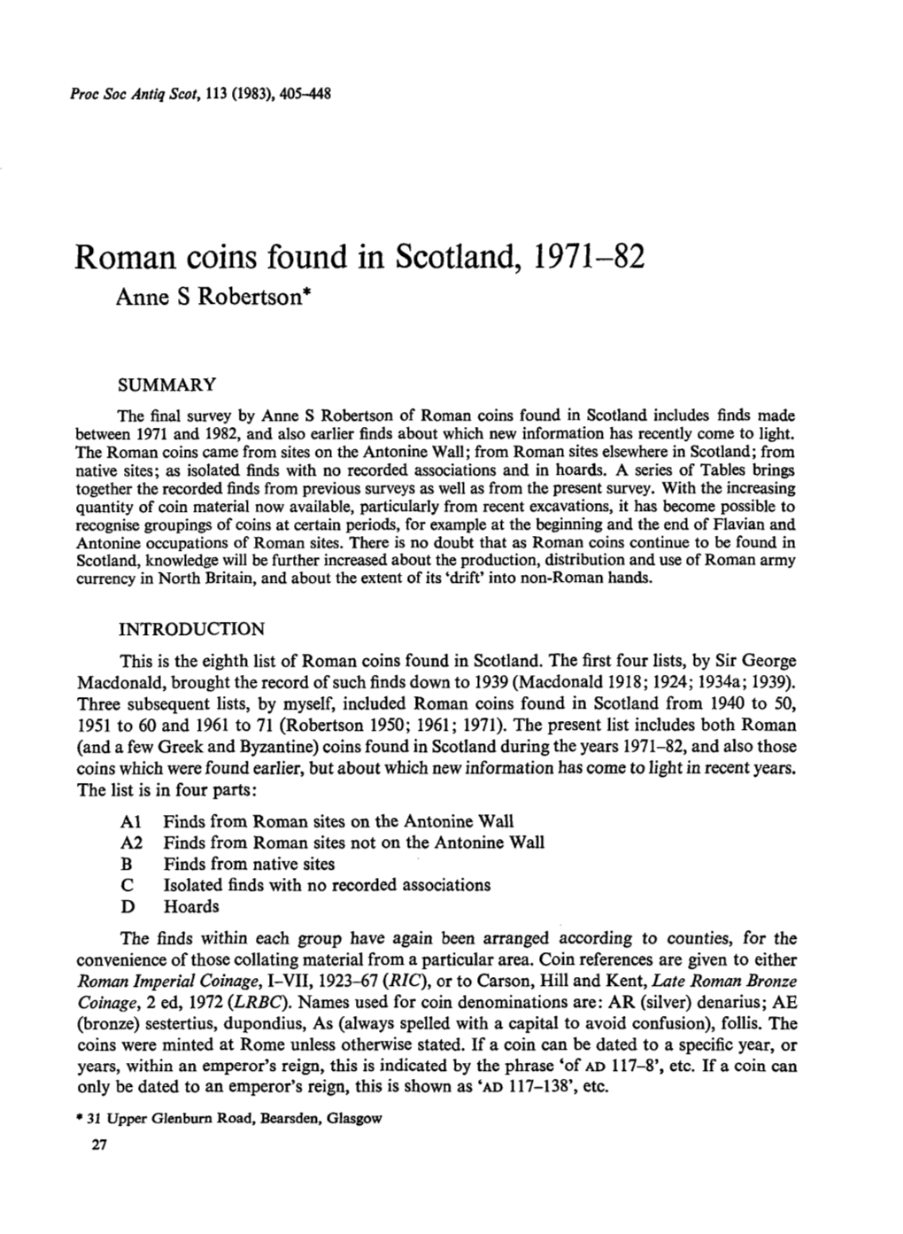 Roman Coins Found in Scotland, 1971-82