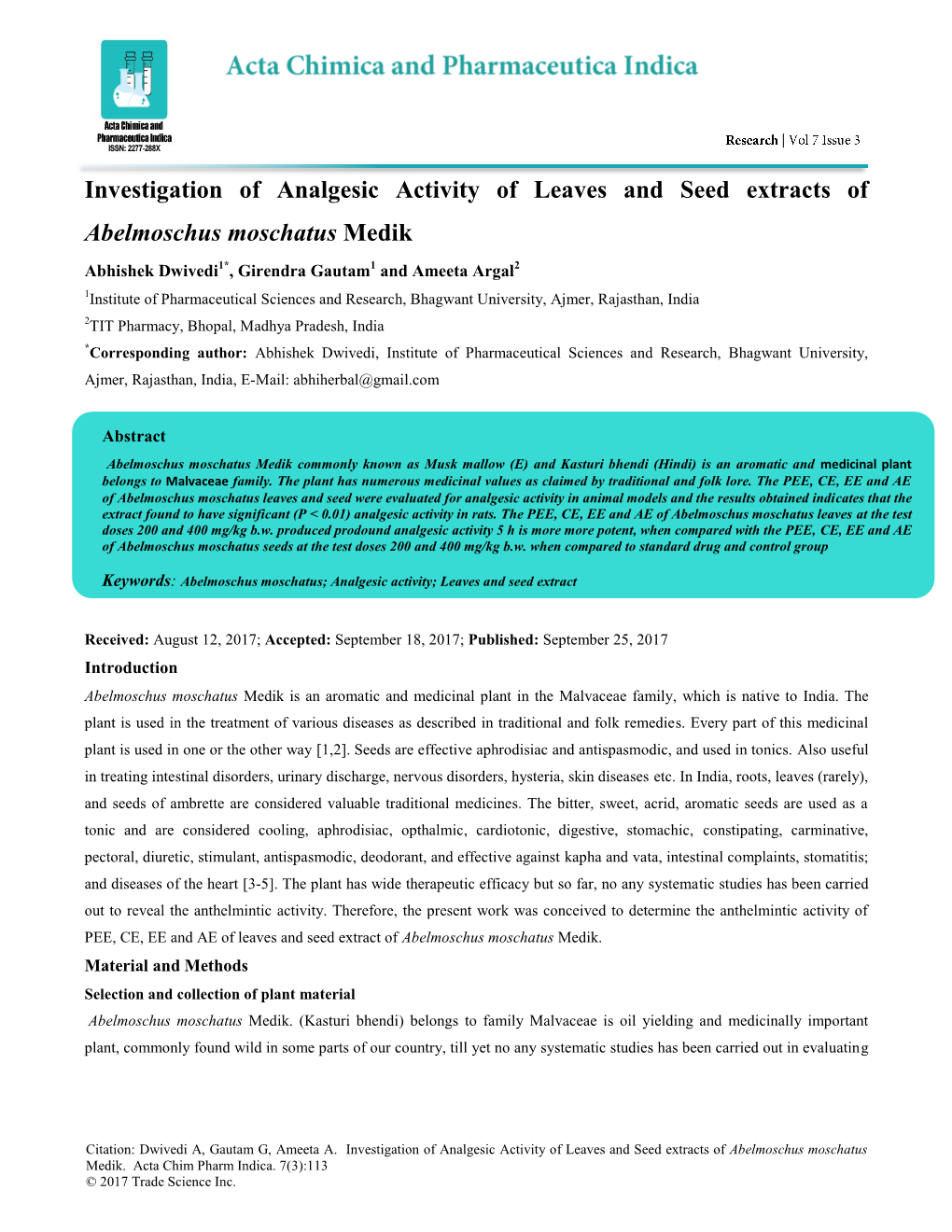 Investigation of Analgesic Activity of Leaves and Seed Extracts Of