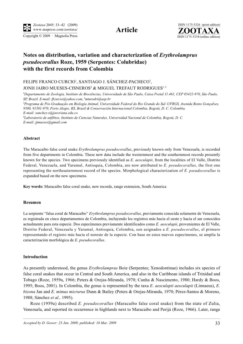 Zootaxa, Notes on Distribution, Variation and Characterization Of