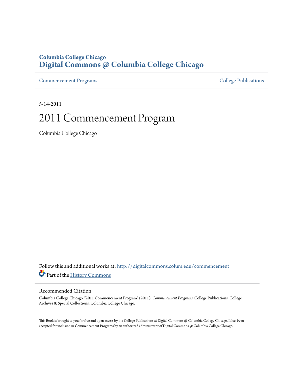 2011 Commencement Program Columbia College Chicago