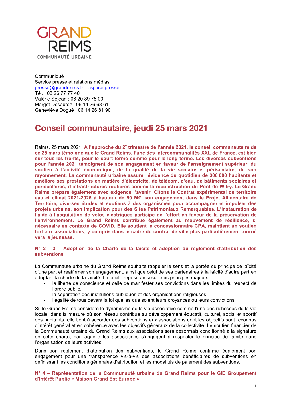 Conseil Communautaire, Jeudi 25 Mars 2021