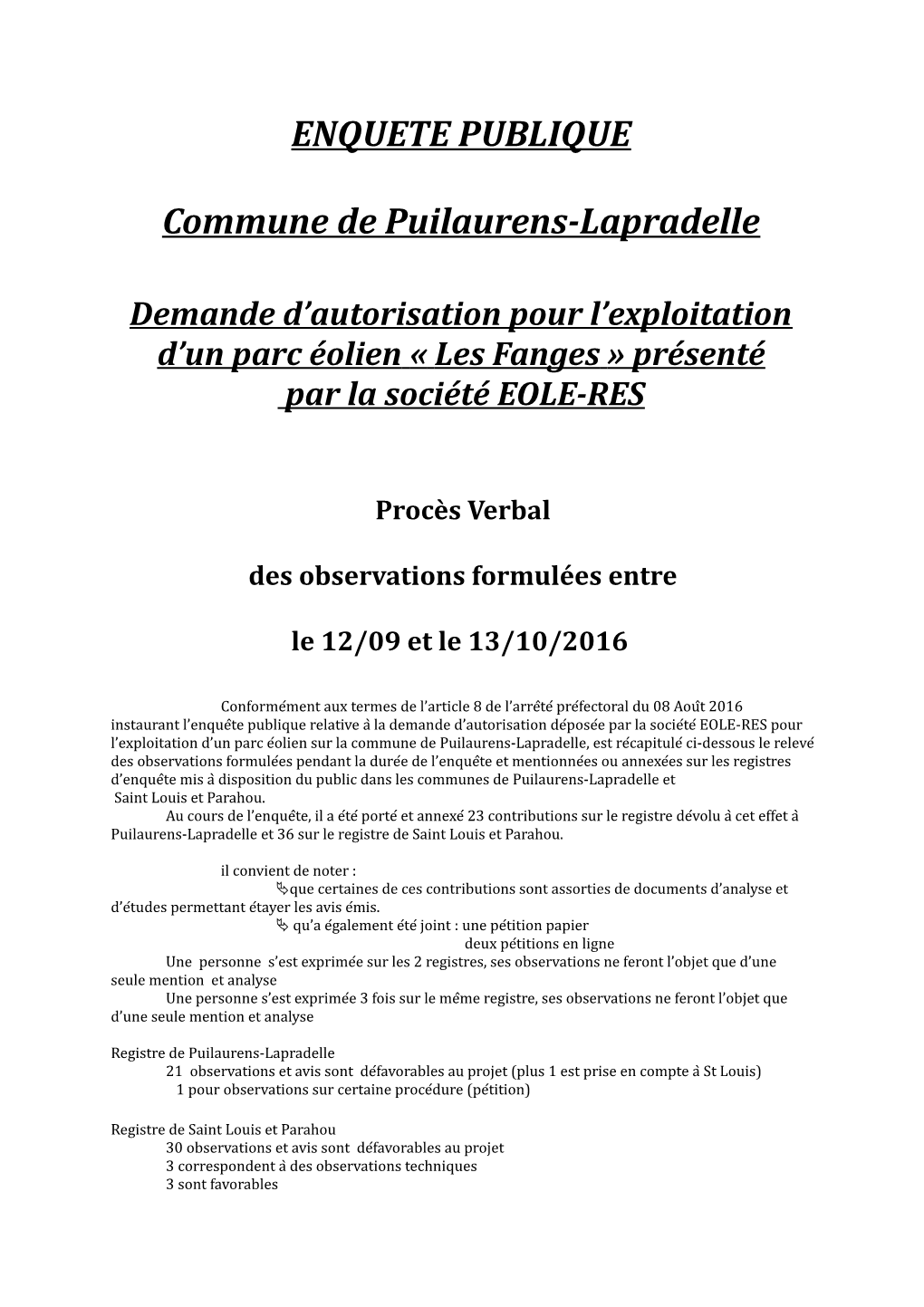 ENQUETE PUBLIQUE Commune De Puilaurens-Lapradelle