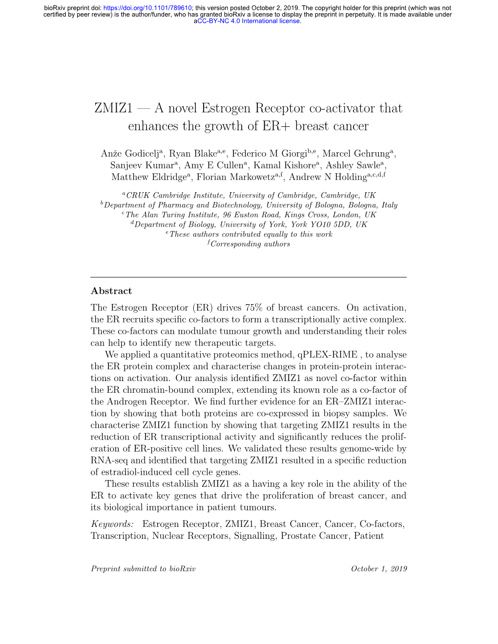 A Novel Estrogen Receptor Co-Activator That Enhances the Growth of ER+ Breast Cancer