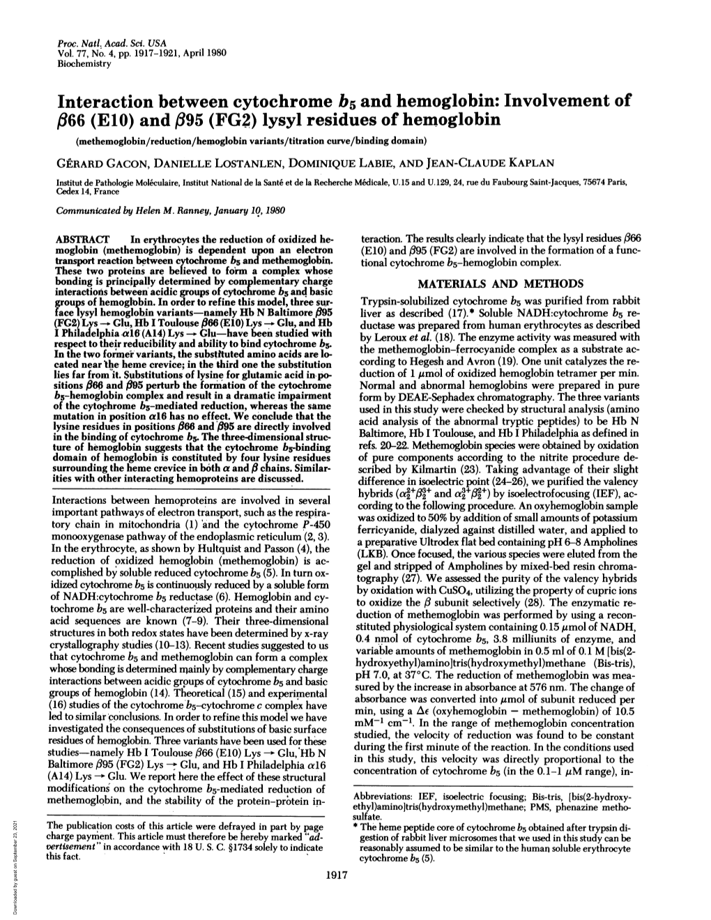 Interaction Between Cytochrome B5 and Hemoglobin: Involvement Of