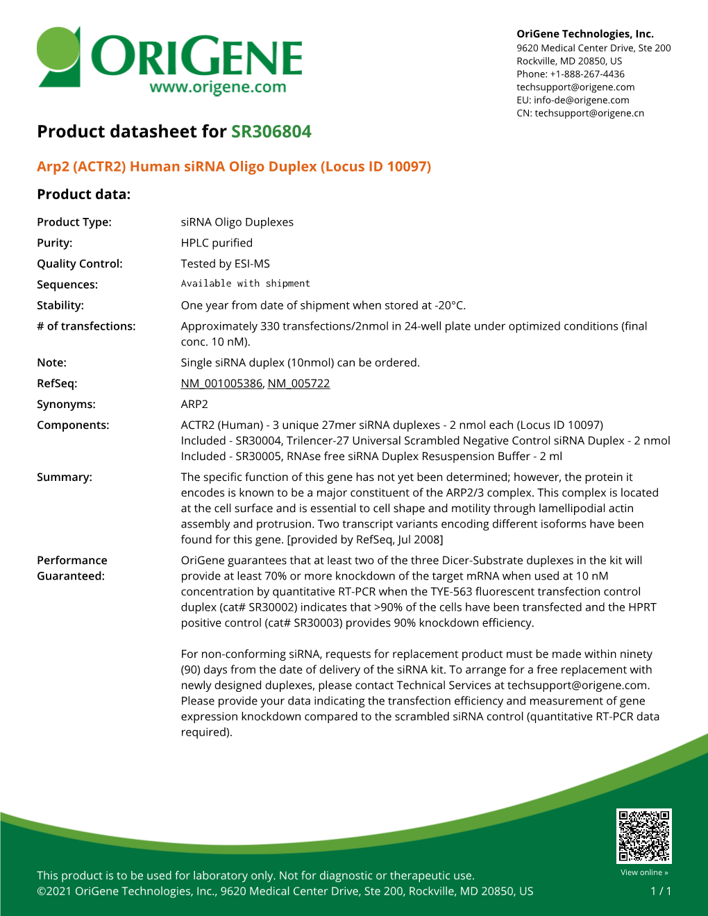 Arp2 (ACTR2) Human Sirna Oligo Duplex (Locus ID 10097) Product Data