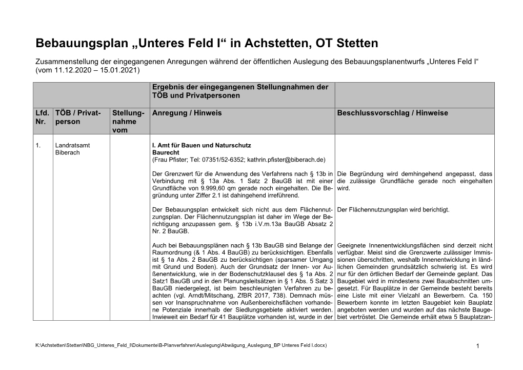 Bebauungsplan „Unteres Feld I“ in Achstetten, OT Stetten