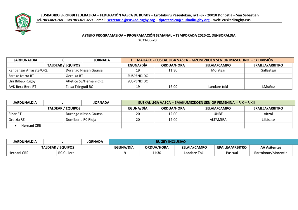 EUSKADIKO ERRUGBI FEDERAZIOA – FEDERACIÓN VASCA DE RUGBY – Errotaburu Pasealekua, Nº1 -3º - 20018 Donostia – San Sebastian Tel