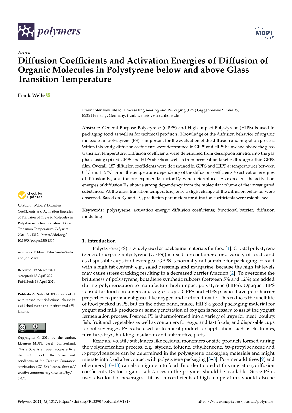 Diffusion Coefficients and Activation Energies of Diffusion of Organic