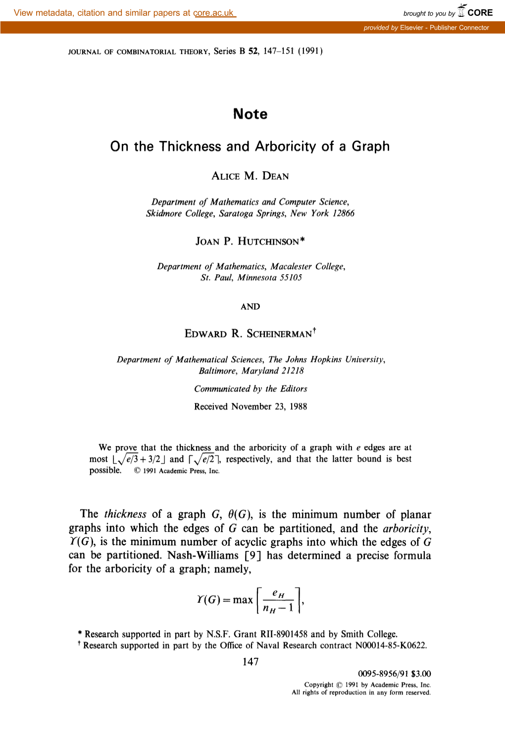 Note on the Thickness and Arboricity of a Graph