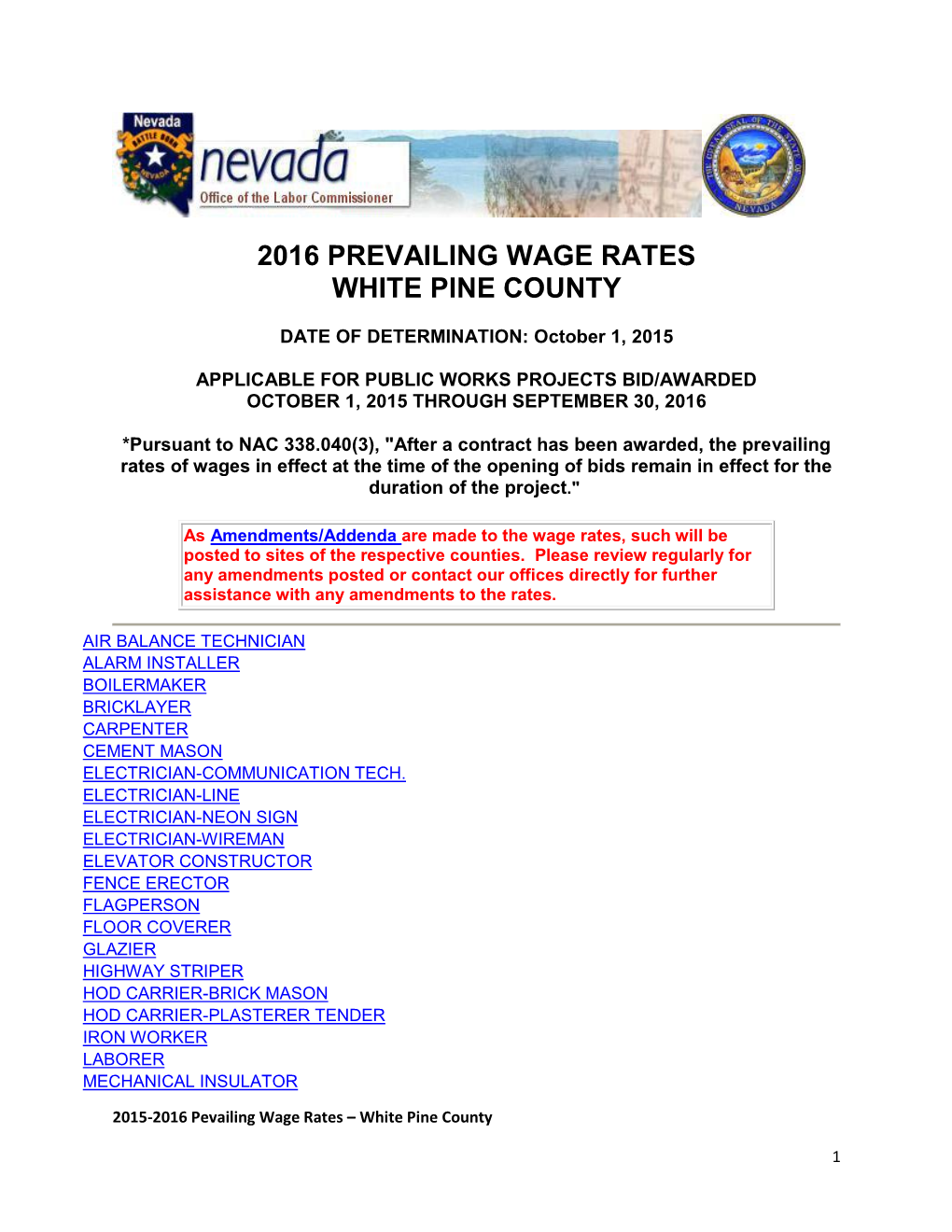 2016 Prevailing Wage Rates White Pine County