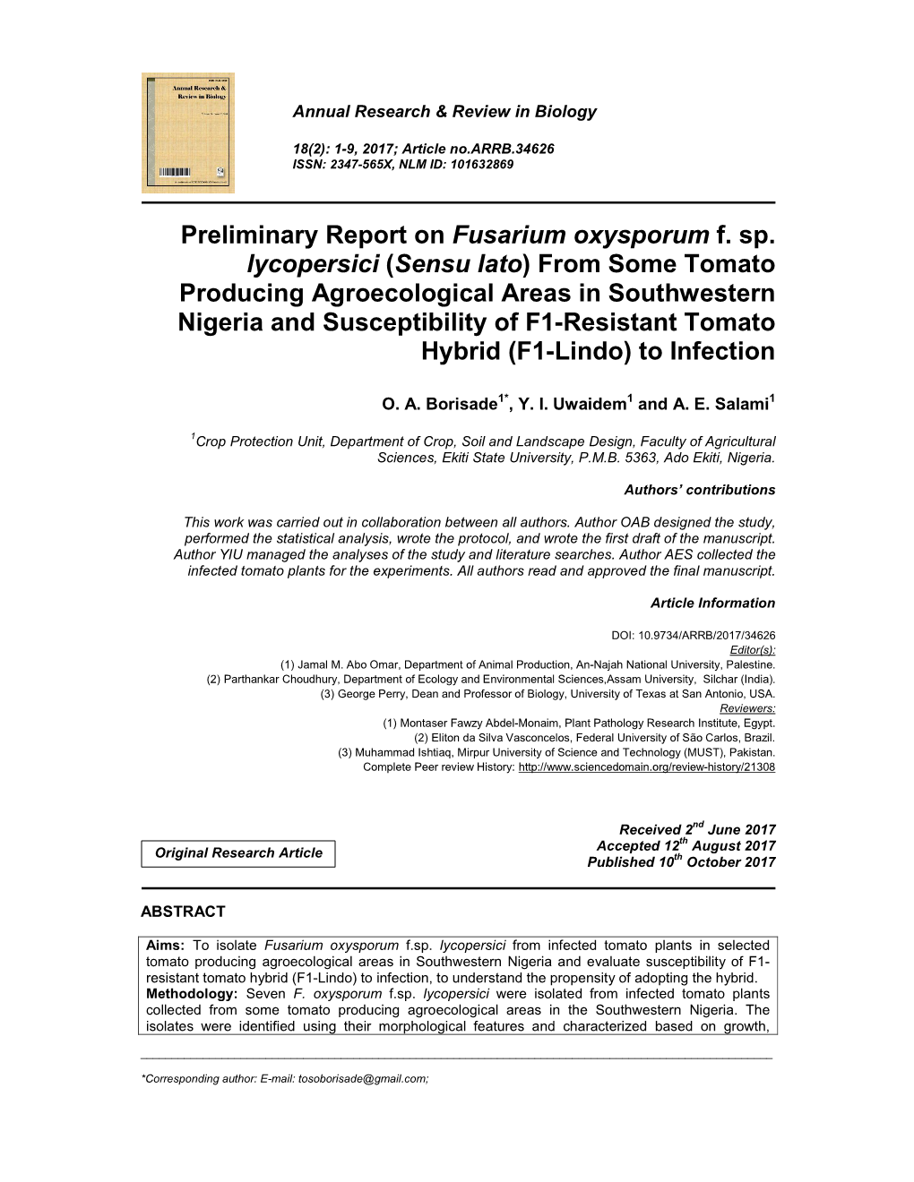 Preliminary Report on Fusarium Oxysporum F. Sp. Lycopersici