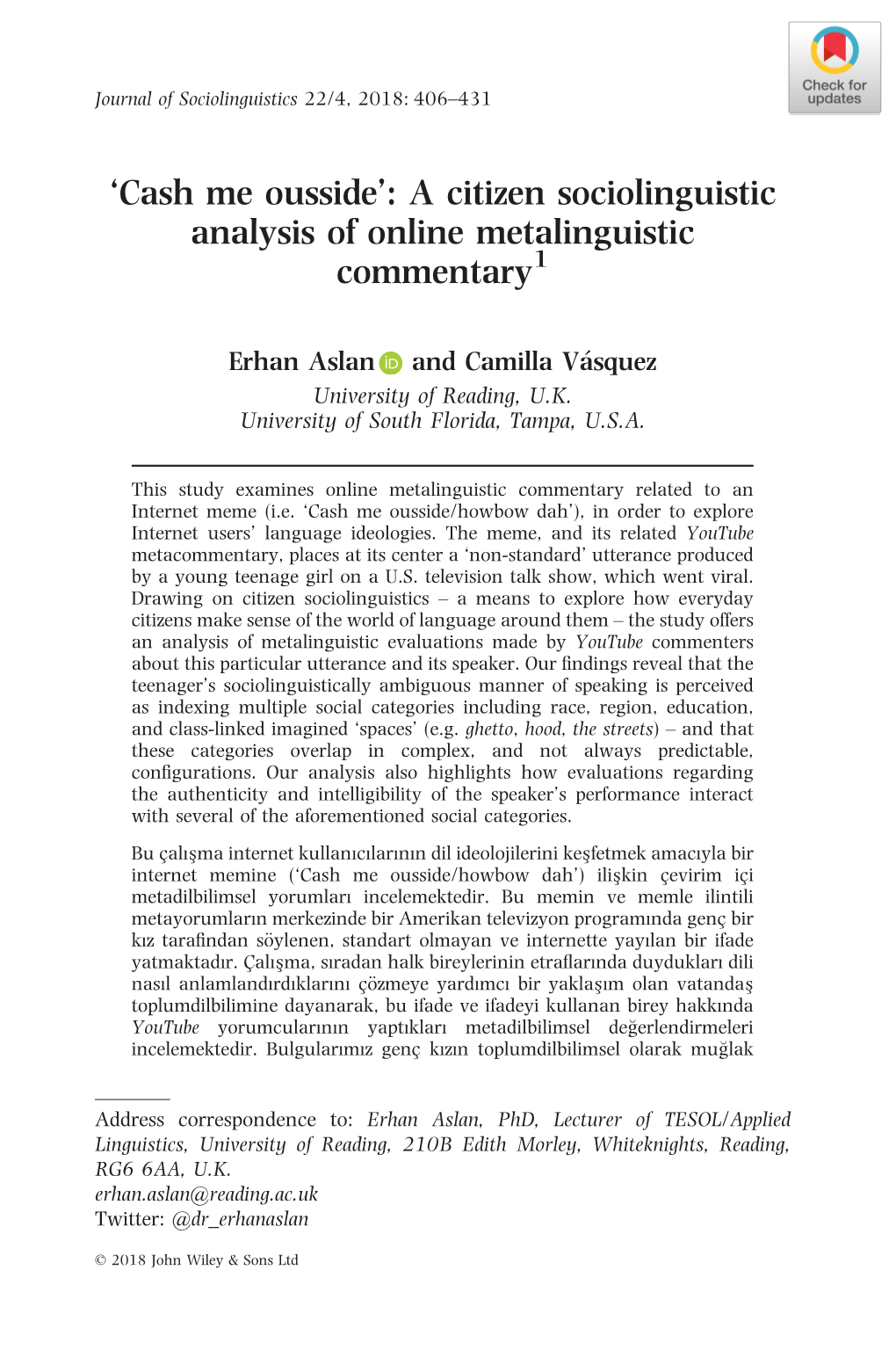 Cash Me Ousside’: a Citizen Sociolinguistic Analysis of Online Metalinguistic Commentary1