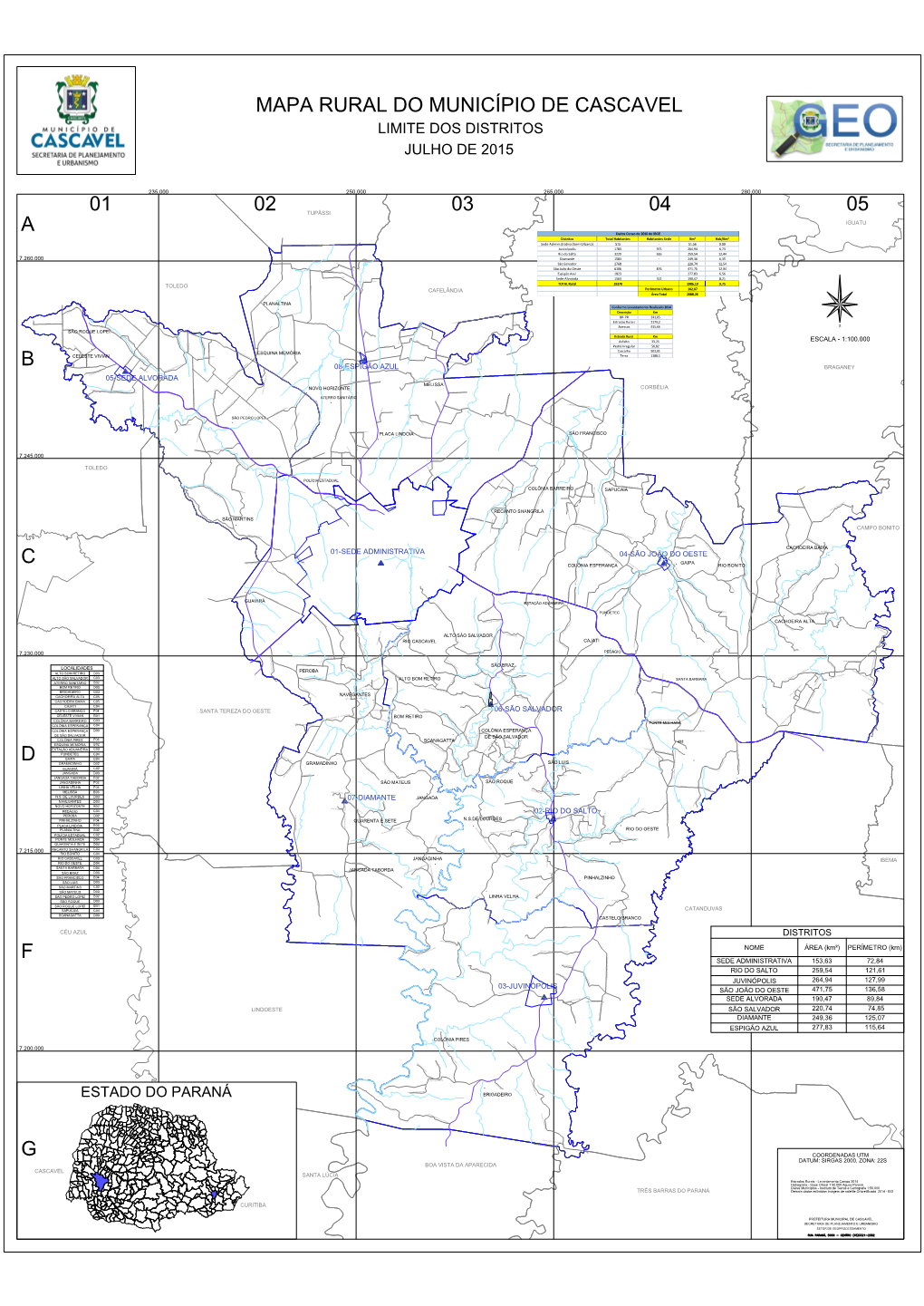 Mapa Rural Do Município De Cascavel a B C D F G 01 02 03