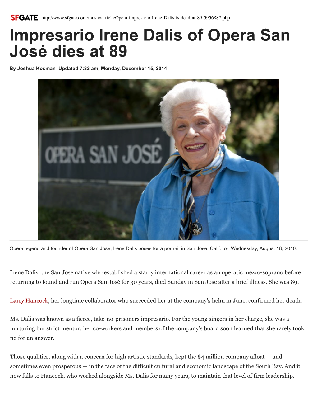 Impresario Irene Dalis of Opera San José Dies at 89