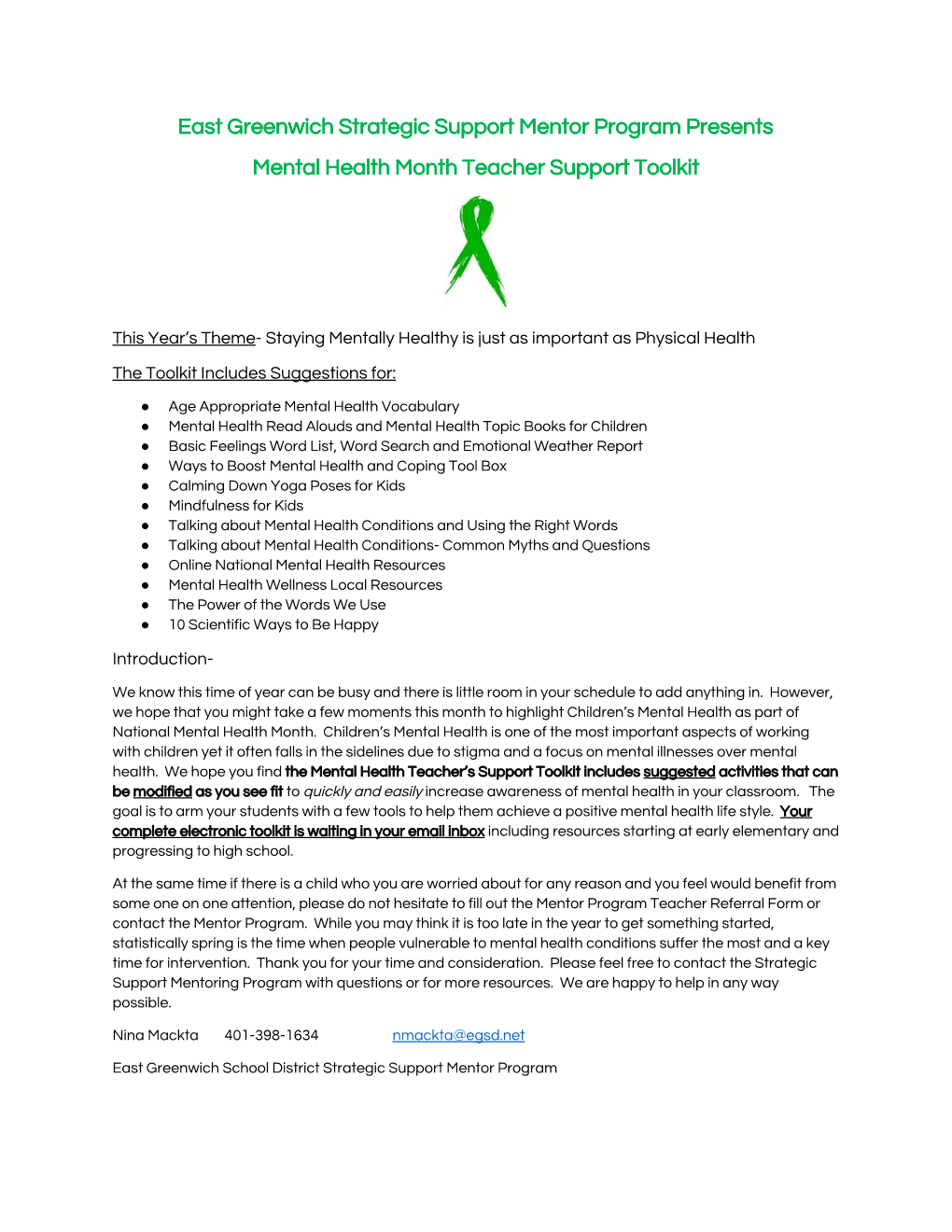 East Greenwich Strategic Support Mentor Program Presents Mental Health Month Teacher Support Toolkit