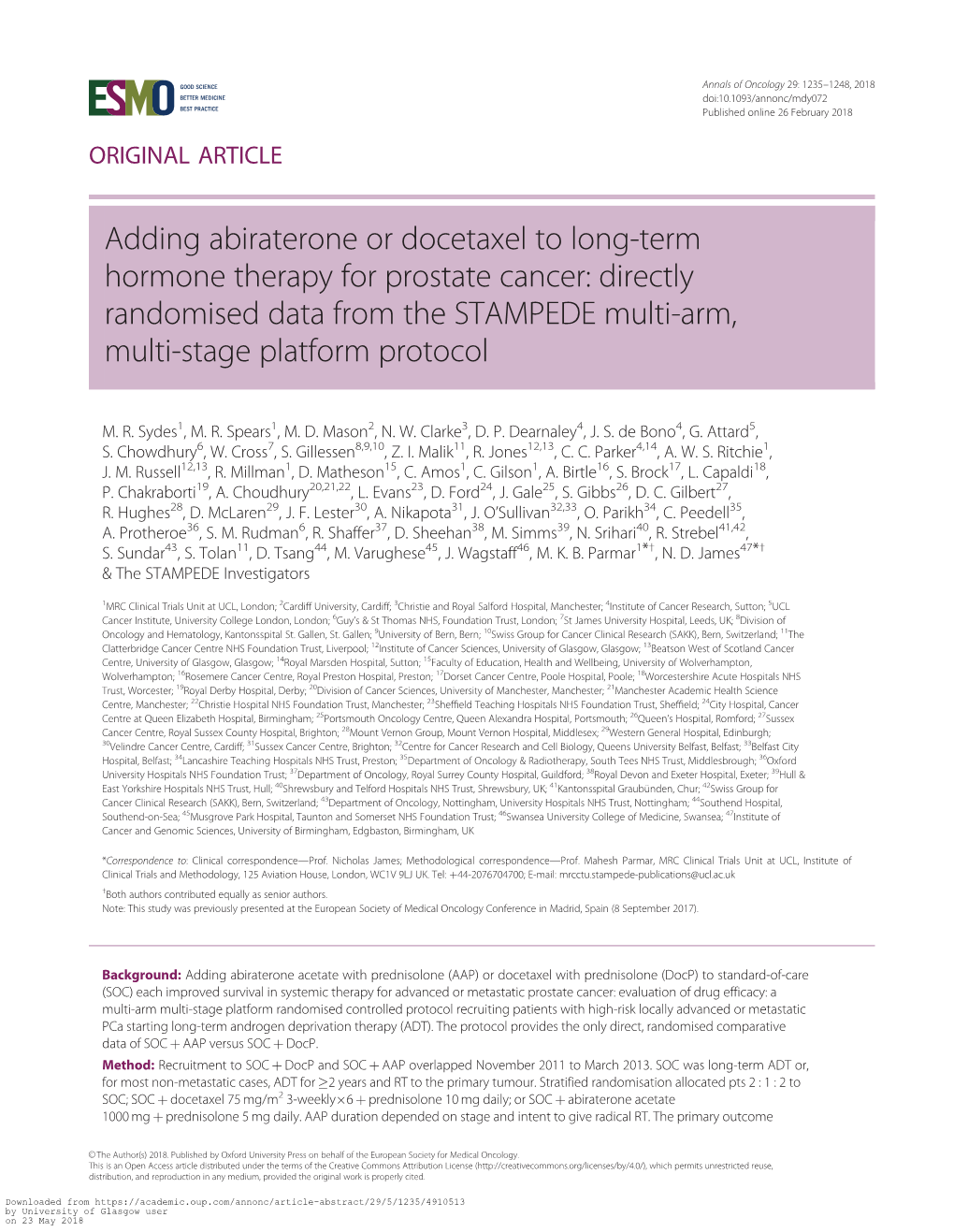 Adding Abiraterone Or Docetaxel to Long-Term Hormone Therapy for Prostate Cancer: Directly Randomised Data from the STAMPEDE Multi-Arm, Multi-Stage Platform Protocol