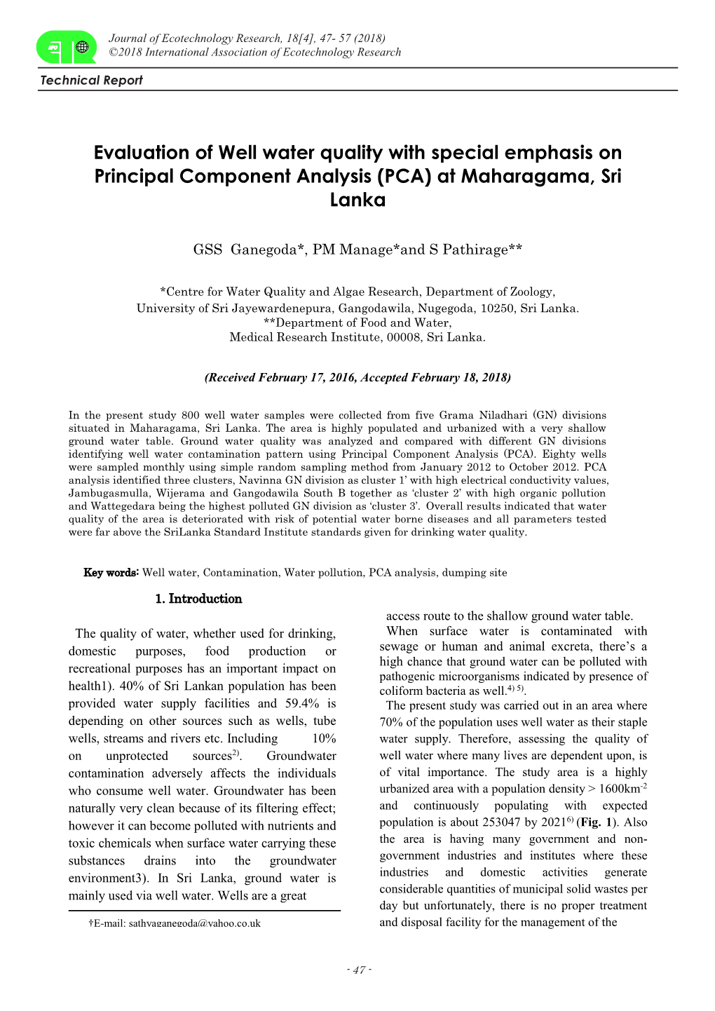 Evaluation of Well Water Quality with Special Emphasis on Principal Component Analysis (PCA) at Maharagama, Sri Lanka