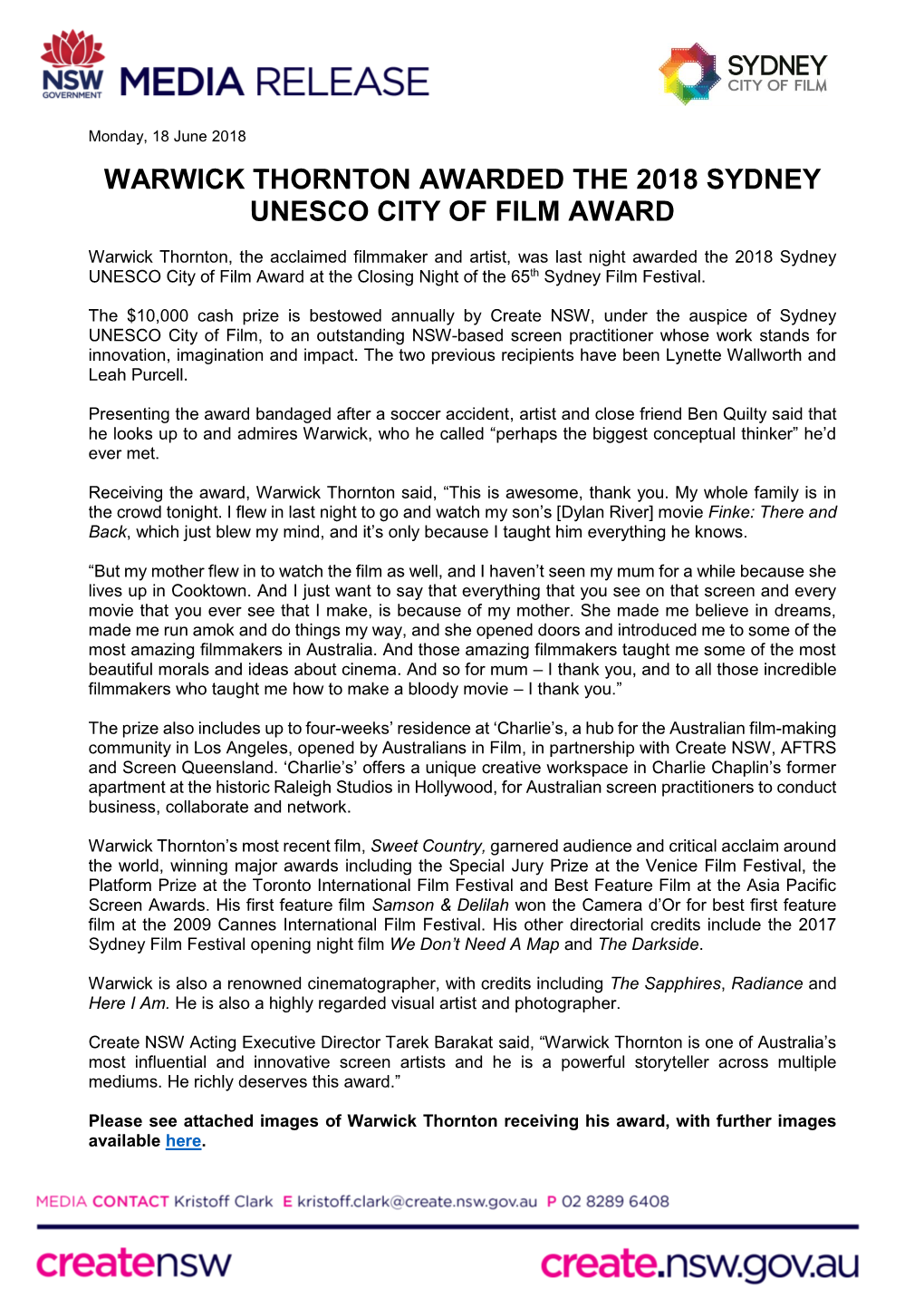 Warwick Thornton Awarded the 2018 Sydney Unesco City of Film Award