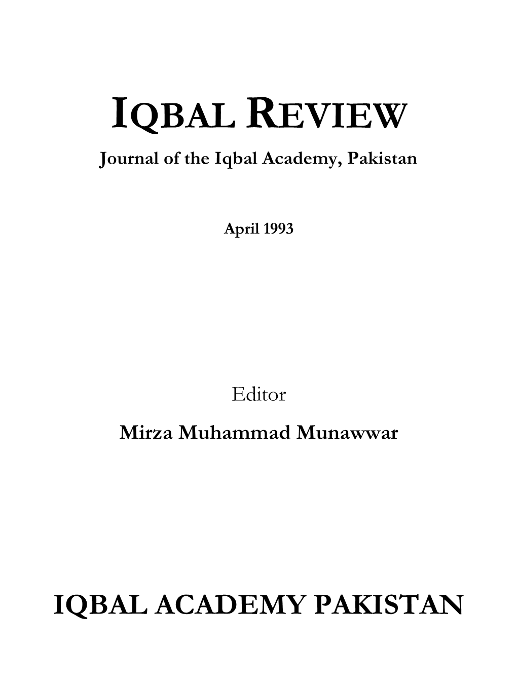 IQBAL REVIEW Journal of the Iqbal Academy, Pakistan