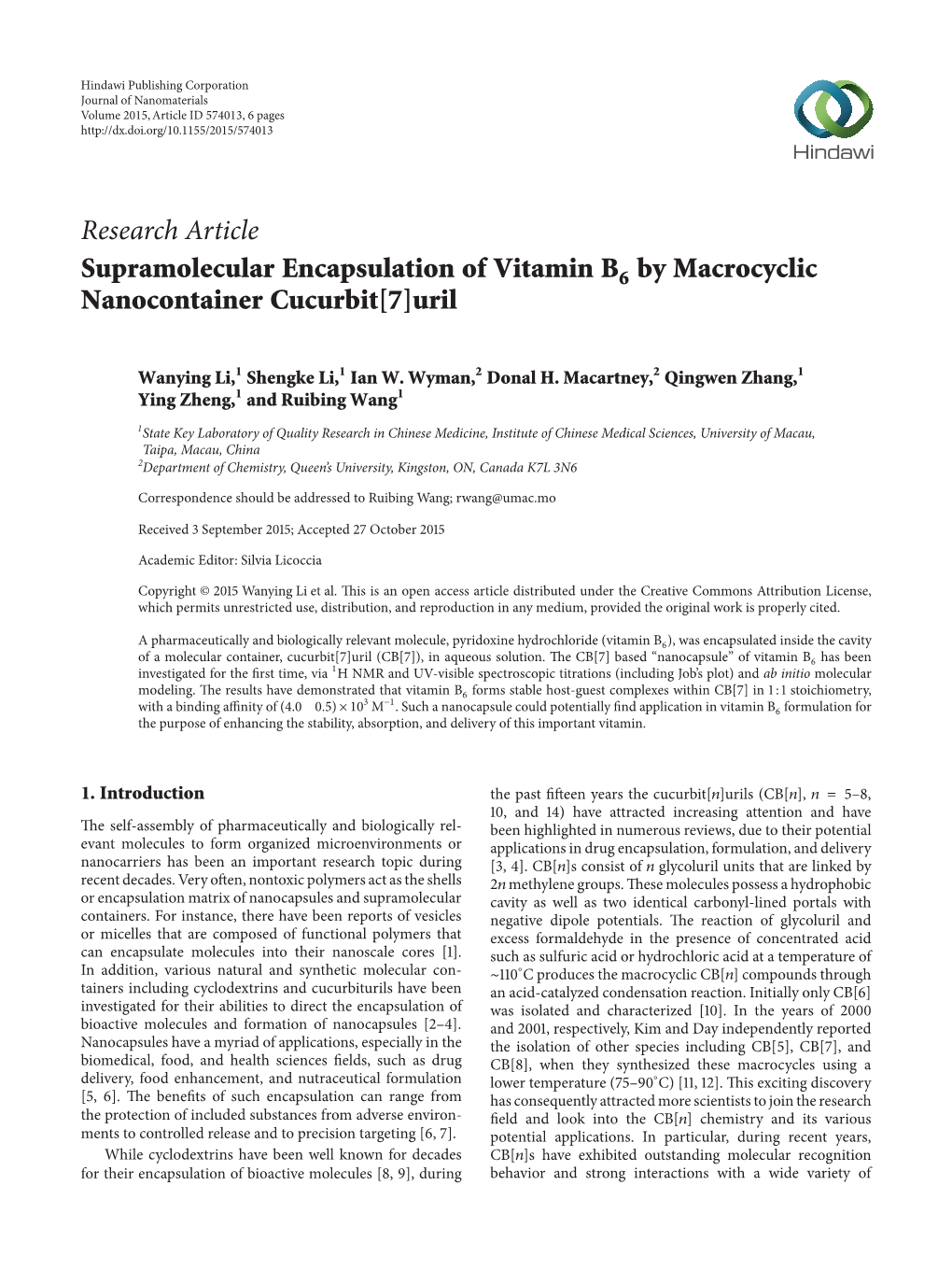 Supramolecular Encapsulation of Vitamin B6 by Macrocyclic Nanocontainer Cucurbit[7]Uril