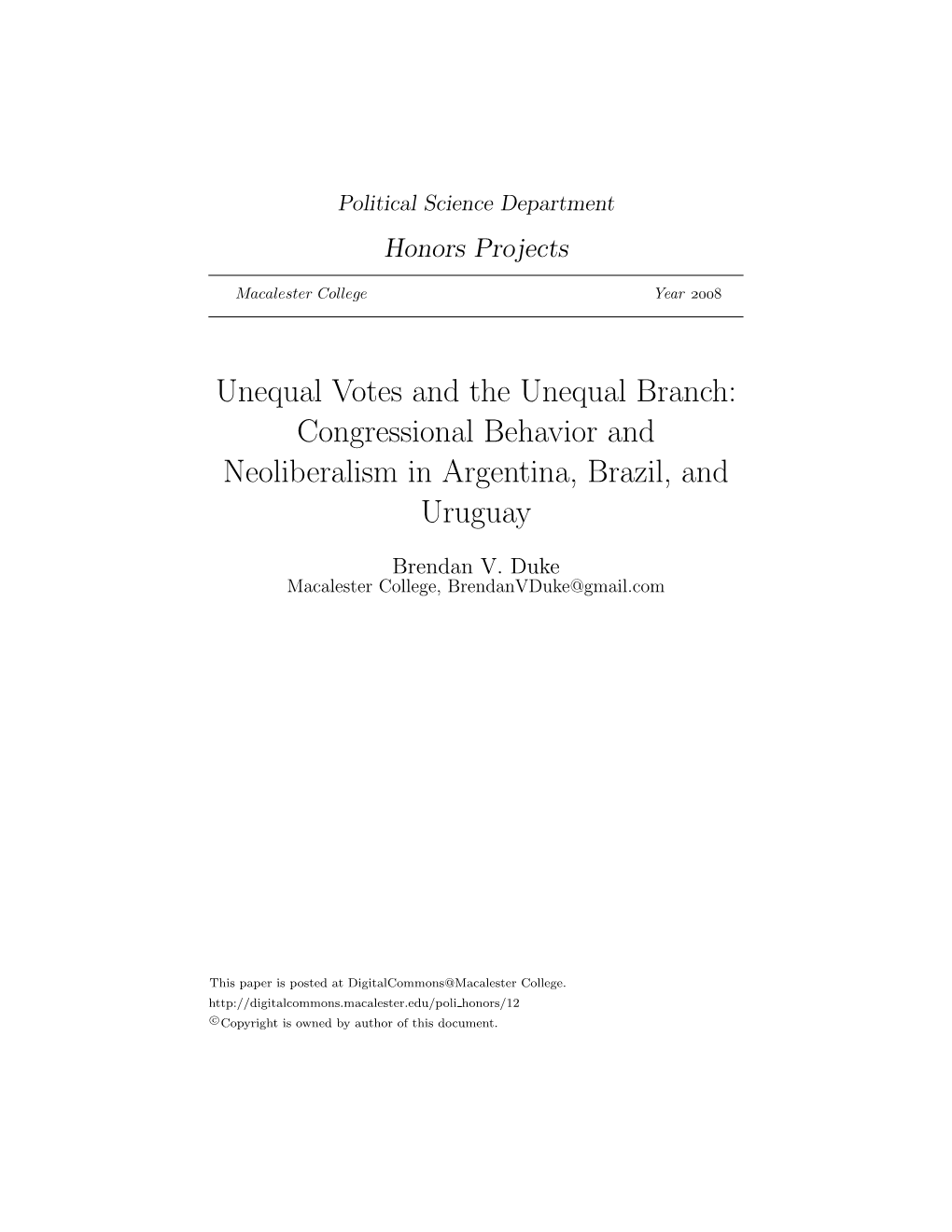 Congressional Behavior and Neoliberalism in Argentina, Brazil, and Uruguay
