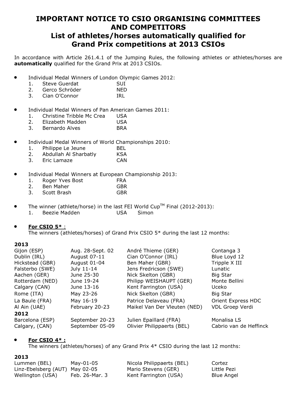 IMPORTANT NOTICE to CSIO ORGANISING COMMITTEES and COMPETITORS List of Athletes/Horses Automatically Qualified for Grand Prix Competitions at 2013 Csios