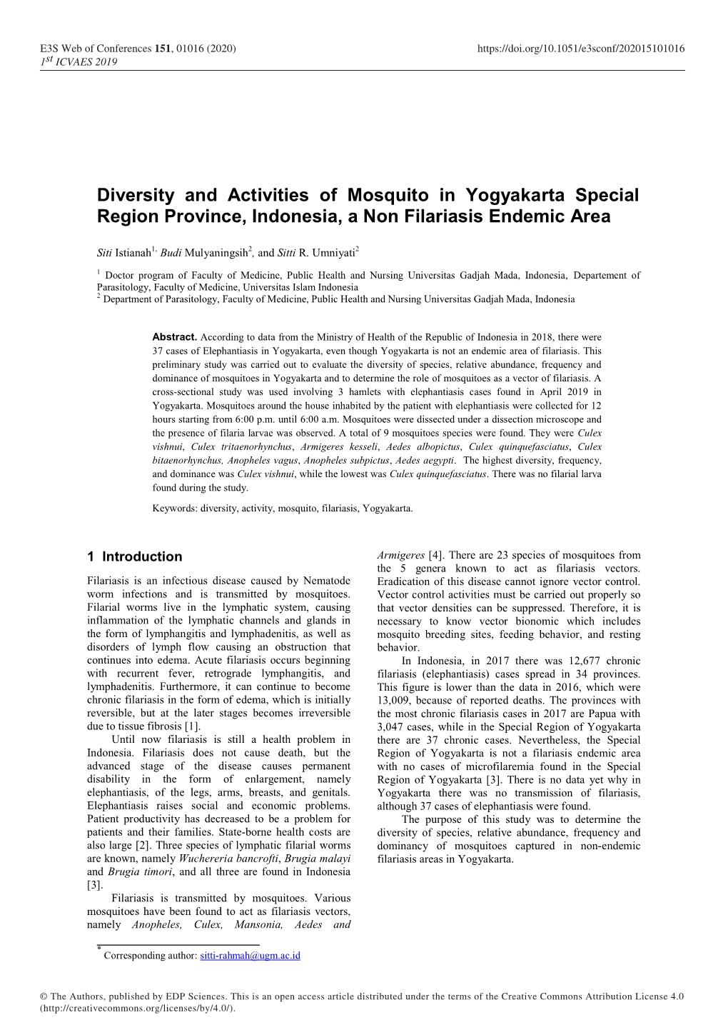 Diversity and Activities of Mosquito in Yogyakarta Special Region Province, Indonesia, a Non Filariasis Endemic Area