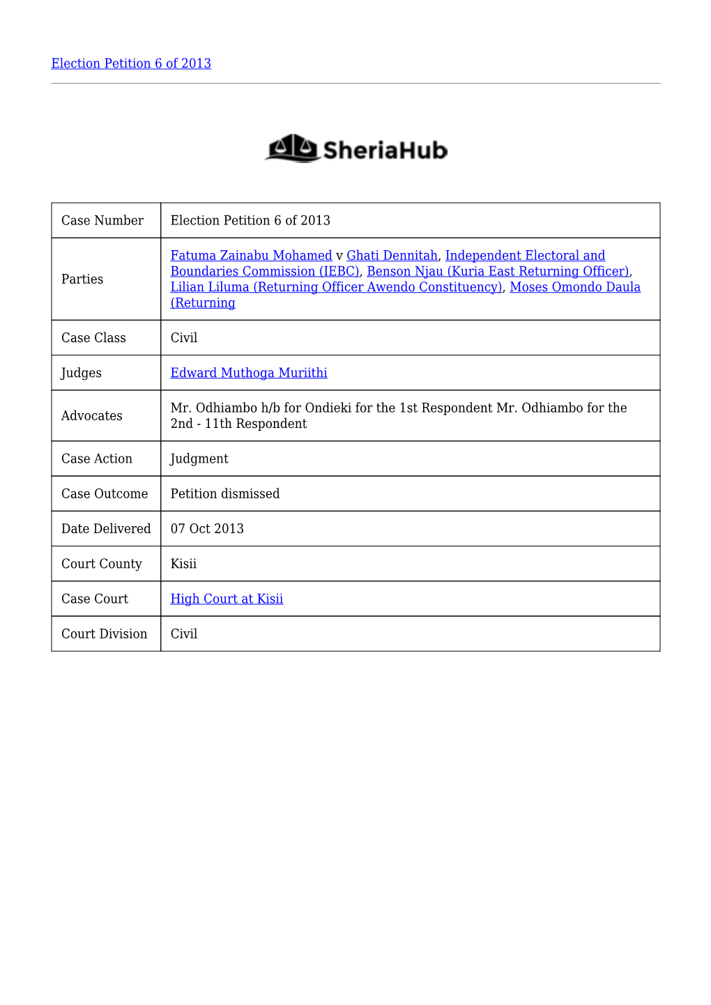 Election Petition 6 of 2013