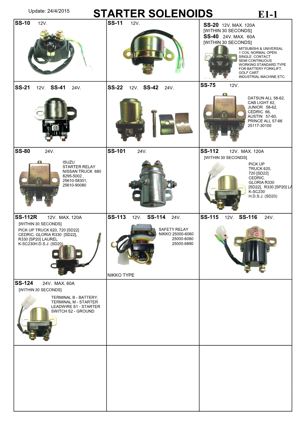 Starter Solenoids E1-1 Ss-10 12V