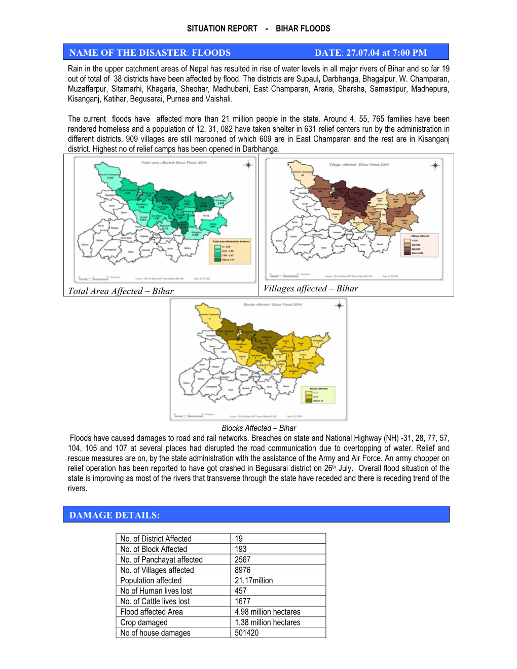 Bihar Villages Affected – Bihar NAME of the DISASTER: FLOODS DATE