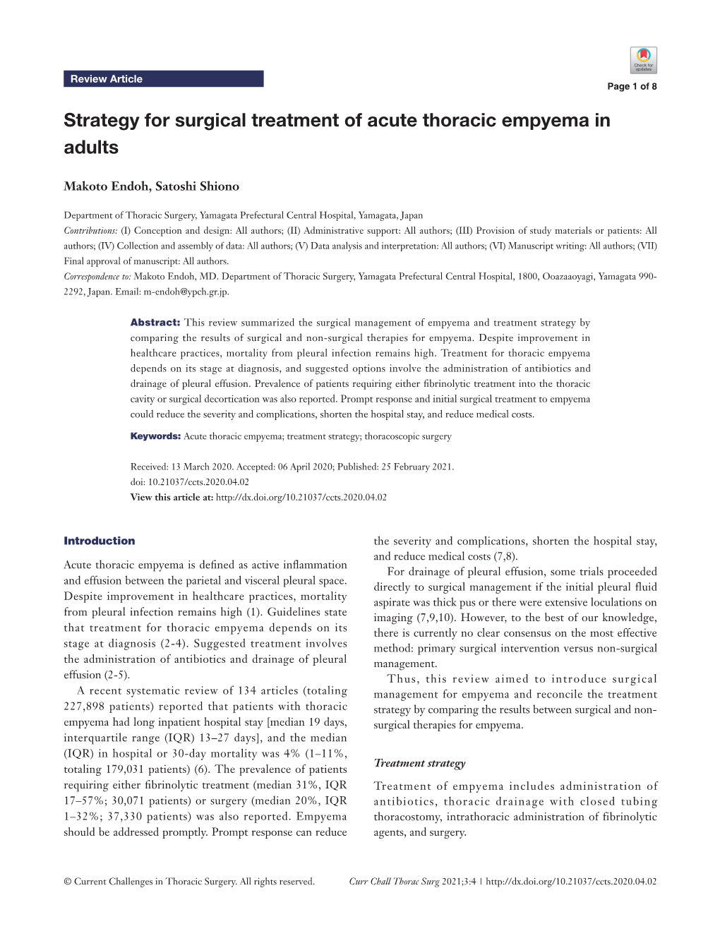 Strategy for Surgical Treatment of Acute Thoracic Empyema in Adults