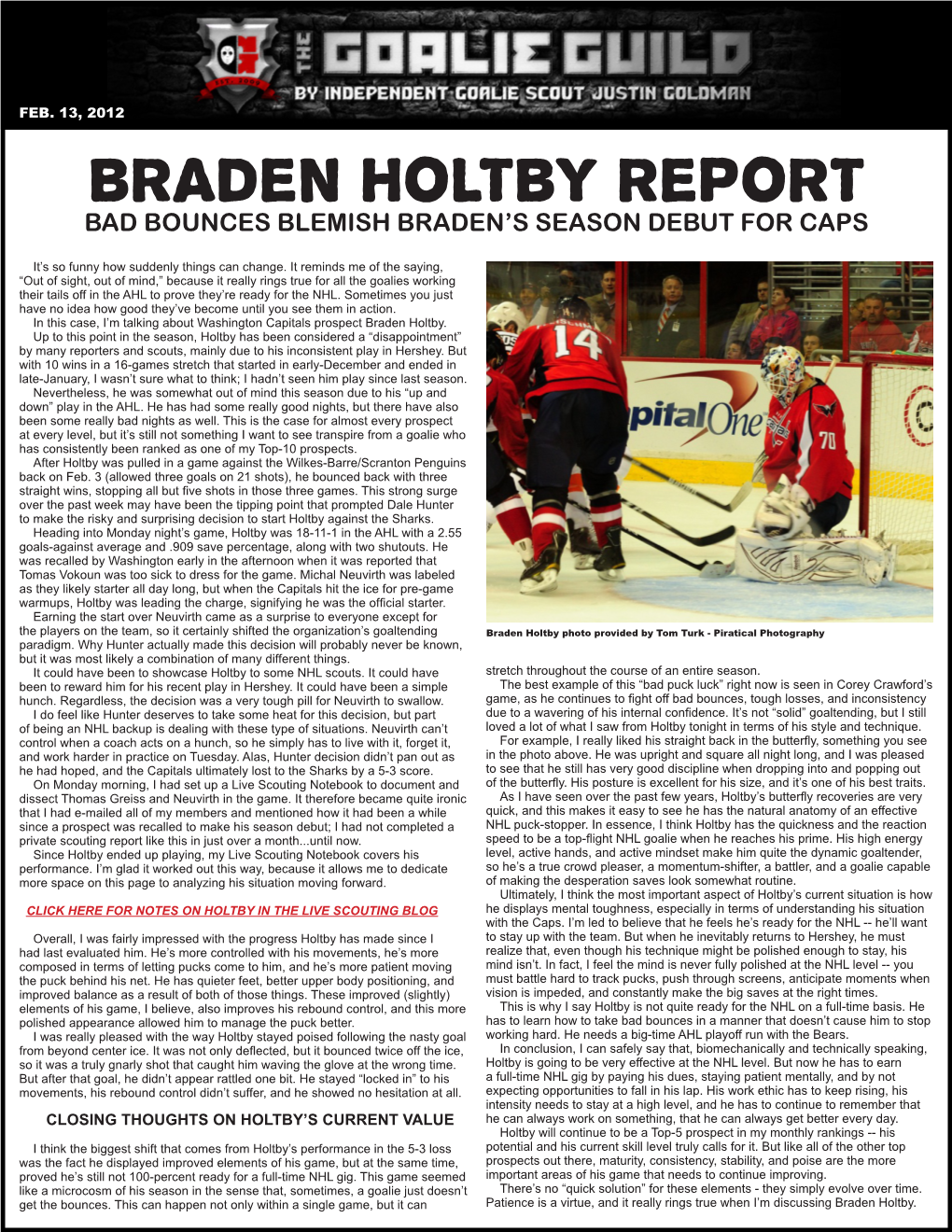 Braden Holtby Report Bad Bounces Blemish Braden’S Season Debut for Caps