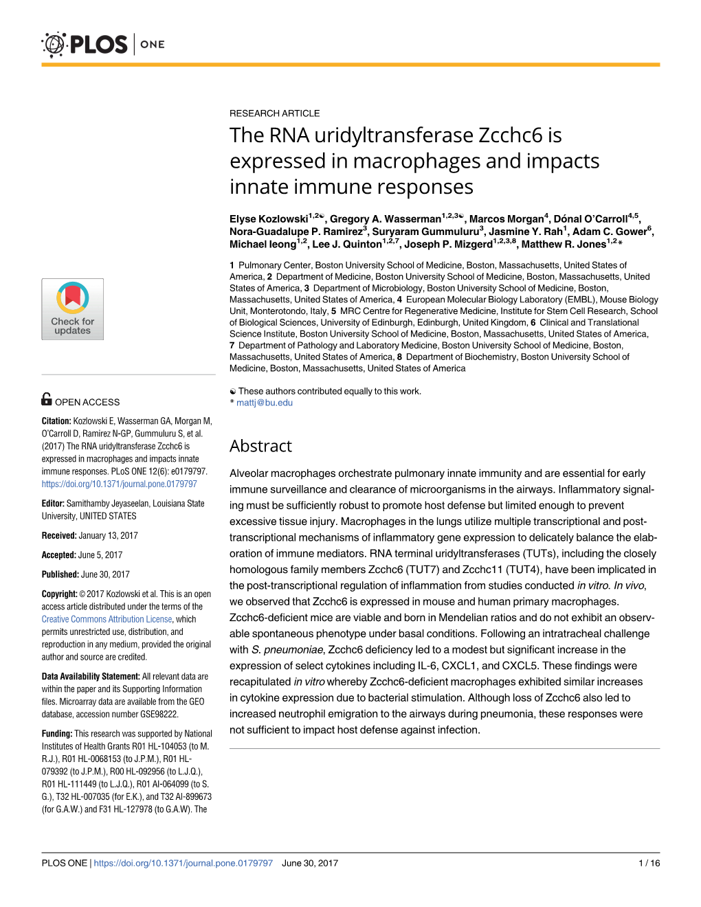 The RNA Uridyltransferase Zcchc6 Is Expressed in Macrophages and Impacts Innate Immune Responses