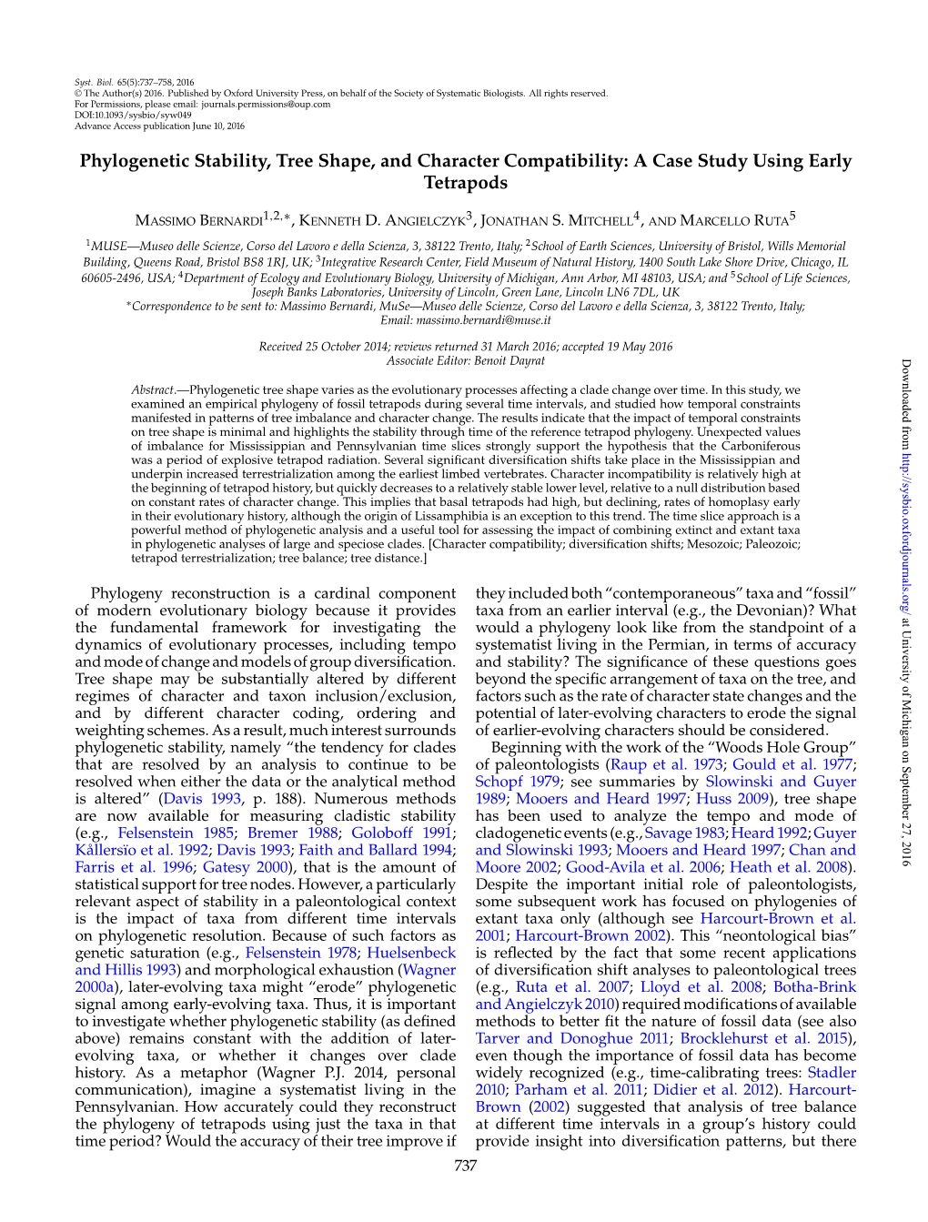 Phylogenetic Stability, Tree Shape, and Character Compatibility: a Case Study Using Early Tetrapods